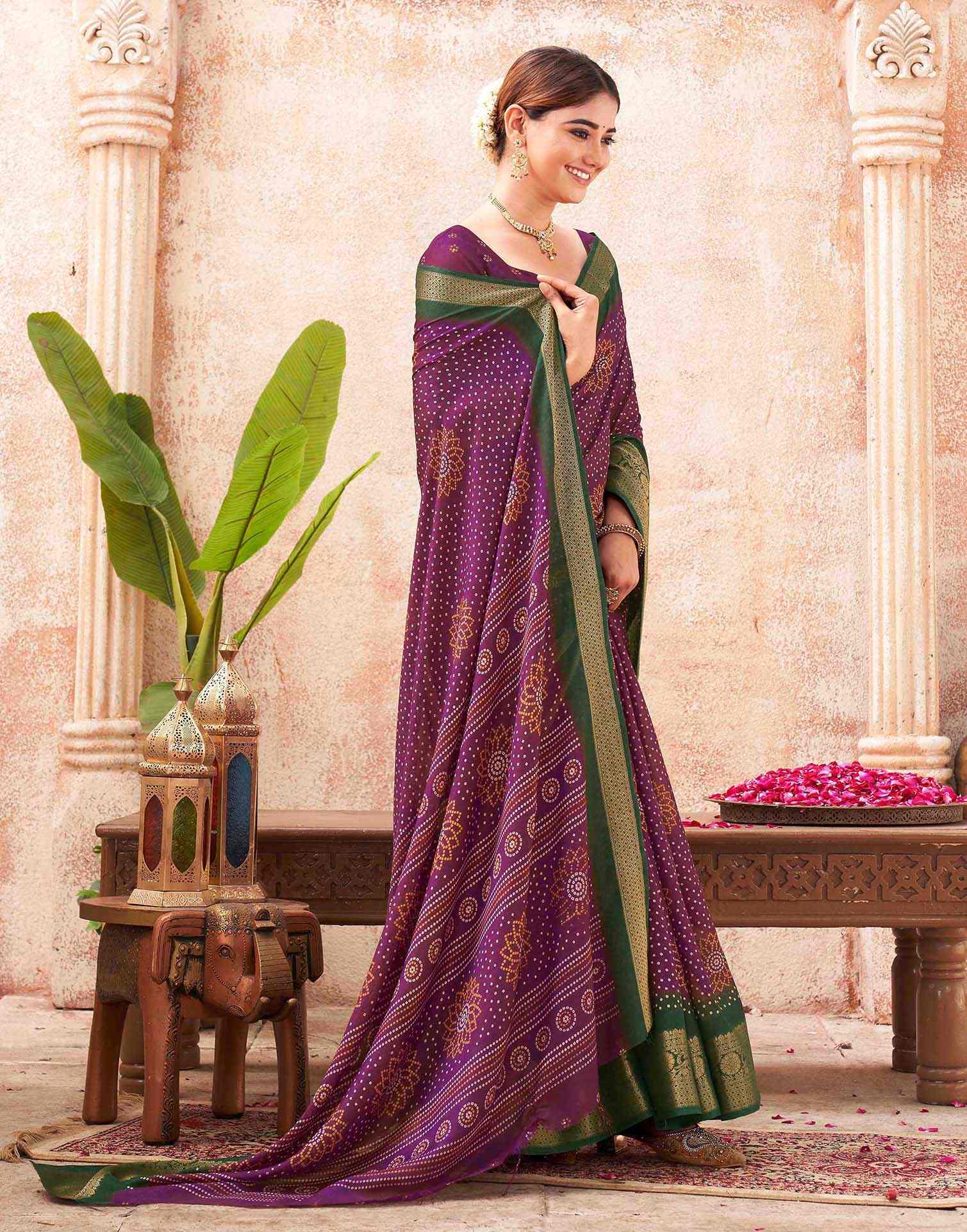 Purple Silk Printed Bandhani Saree - Image 6