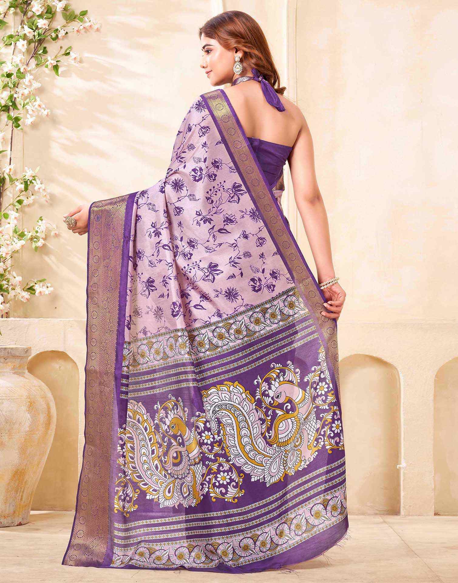 Purple Silk Printed Saree - Image 5