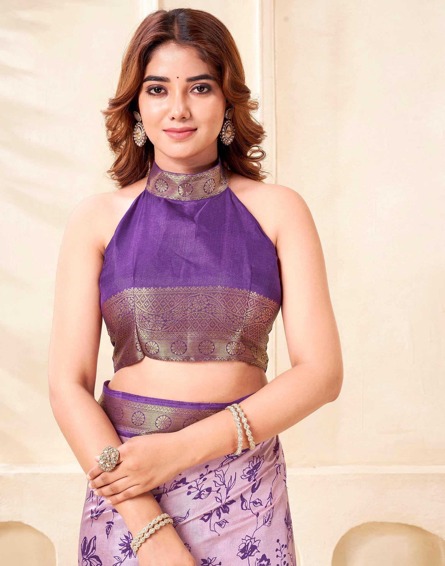 Purple Silk Printed Saree - Image 8
