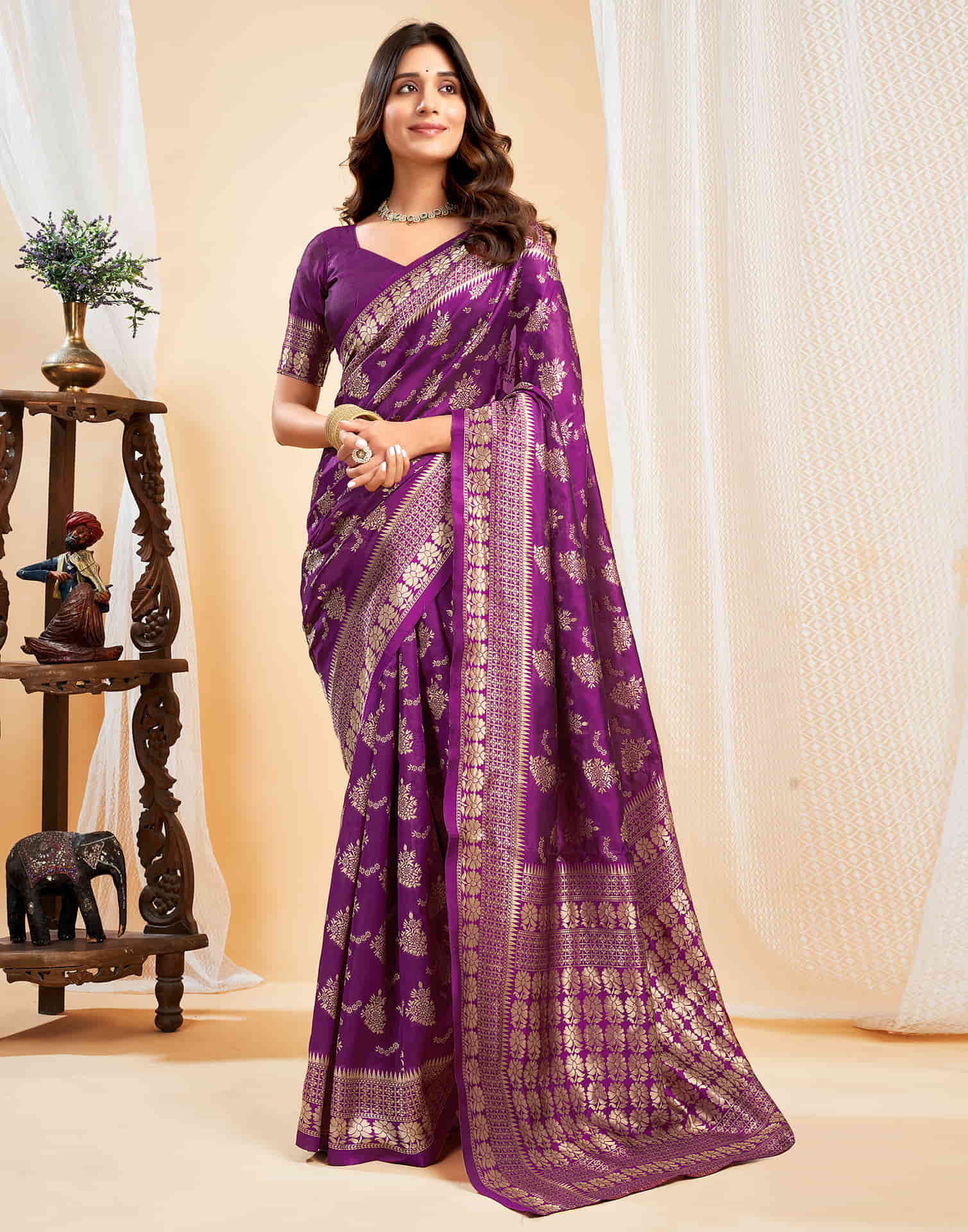 Purple Silk Blend Woven Banarasi Saree - Image 6