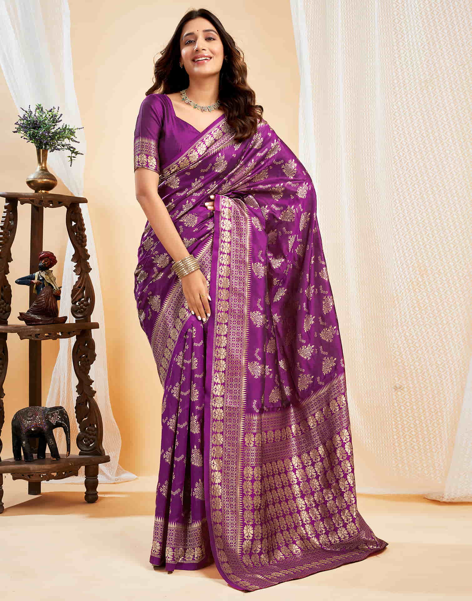 Purple Silk Blend Woven Banarasi Saree - Image 7