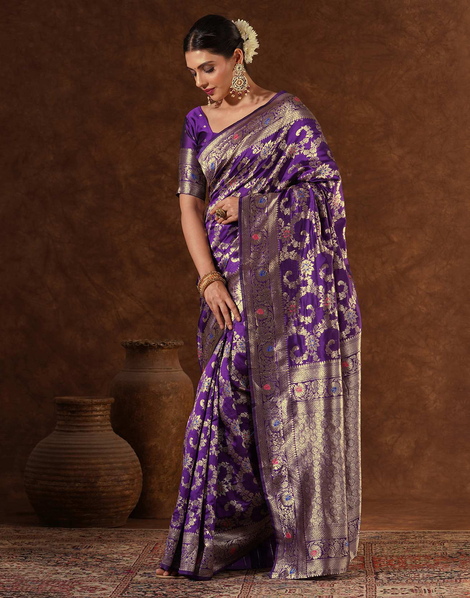Purple Silk Woven Banarasi Saree - Image 4