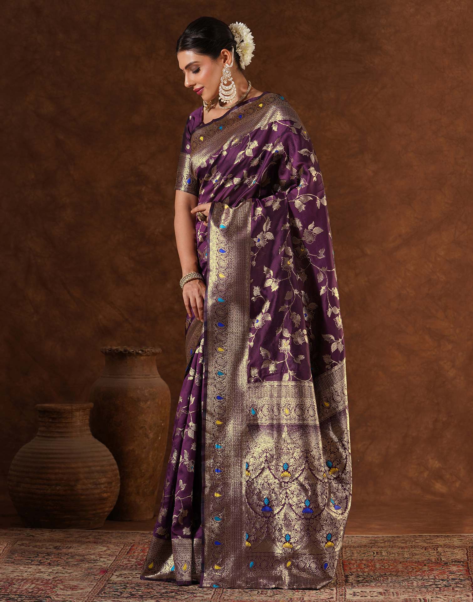 Purple Silk Woven Banarasi Saree - Image 4