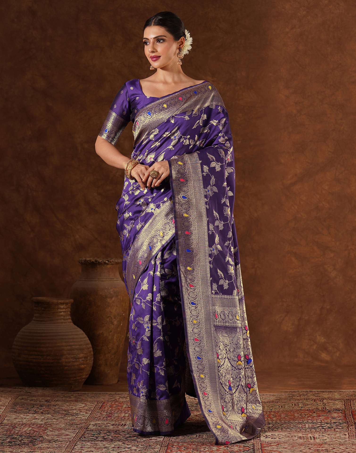 Purple Silk Woven Banarasi Saree - Image 2
