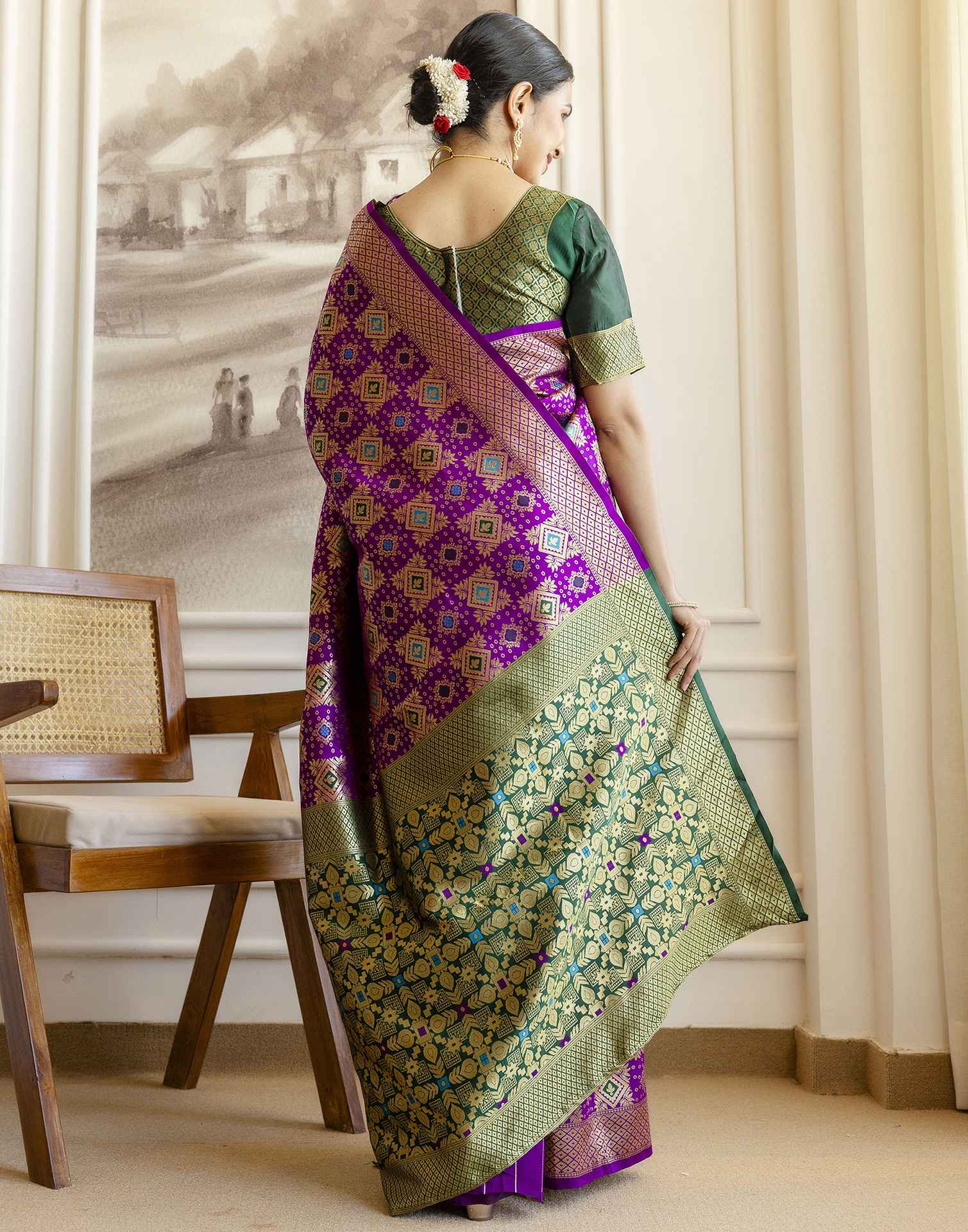 Purple Silk Woven Banarasi Saree - Image 7