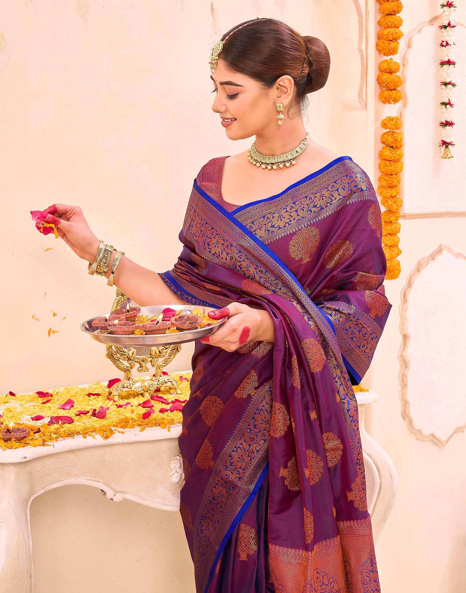 Purple Silk Woven Banarasi Saree - Image 2