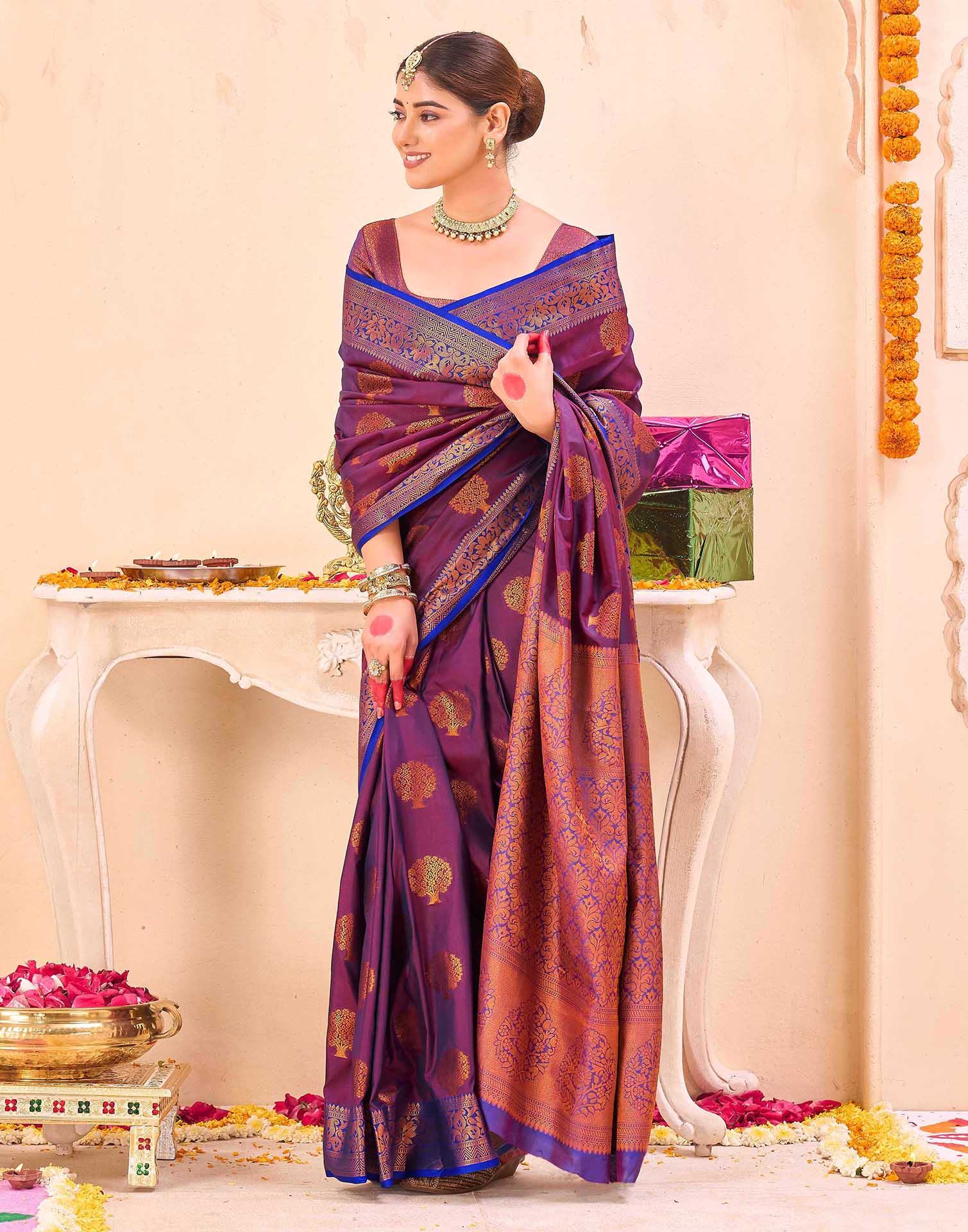 Purple Silk Woven Banarasi Saree - Image 5