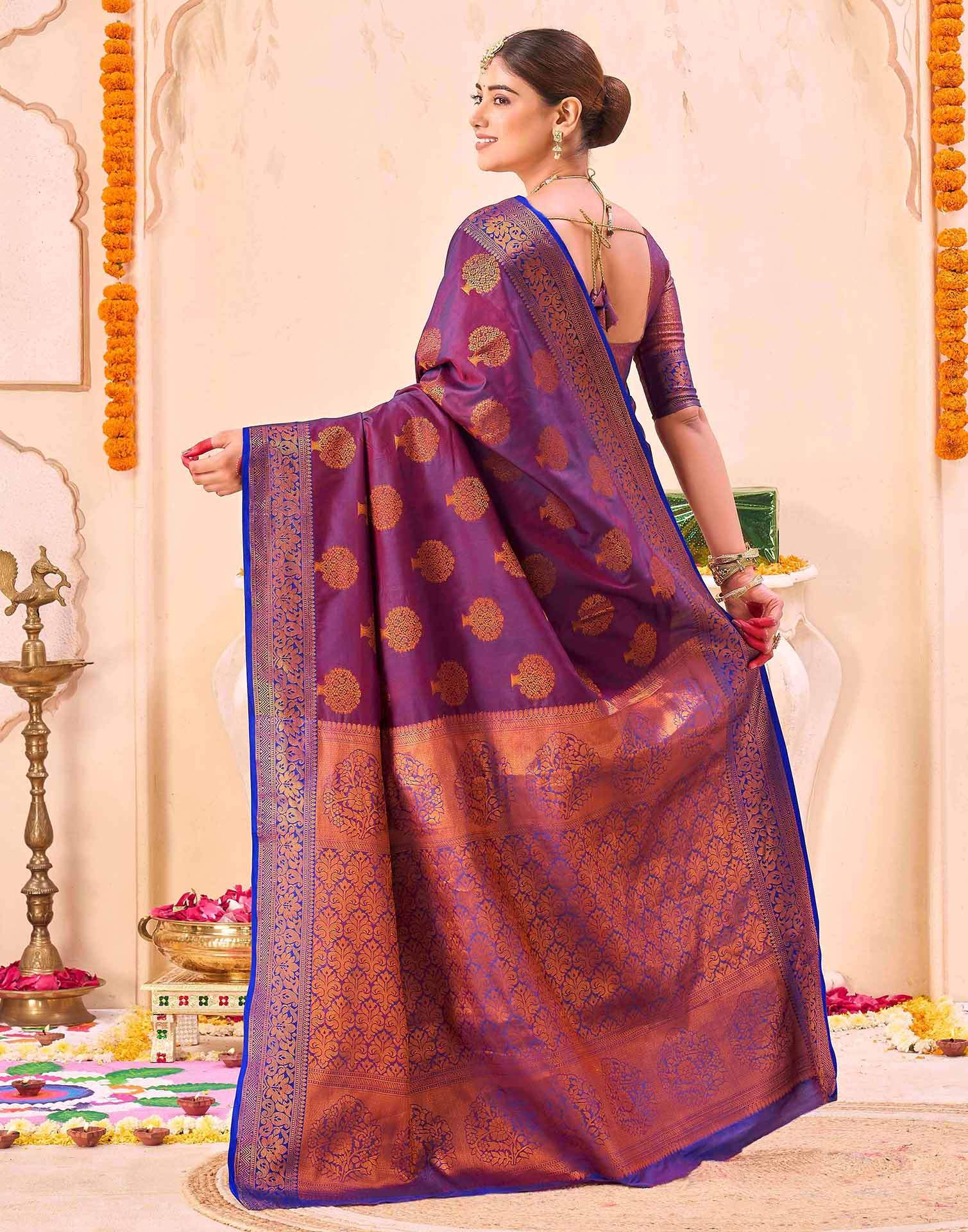 Purple Silk Woven Banarasi Saree - Image 6