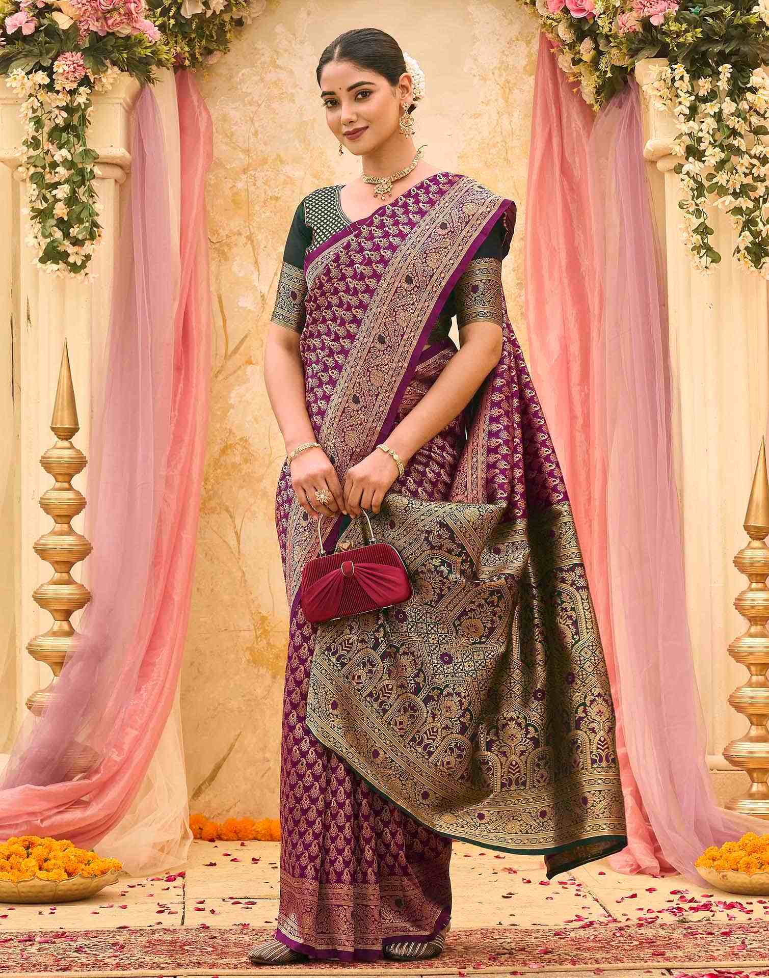 Purple Silk Woven Banarasi Saree - Image 5
