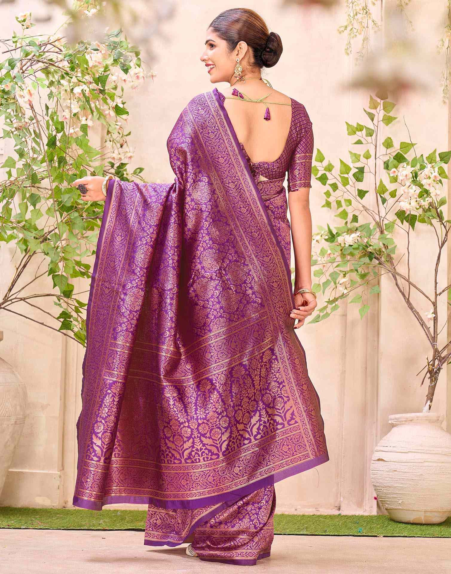 Purple Silk Woven Banarasi Saree - Image 6