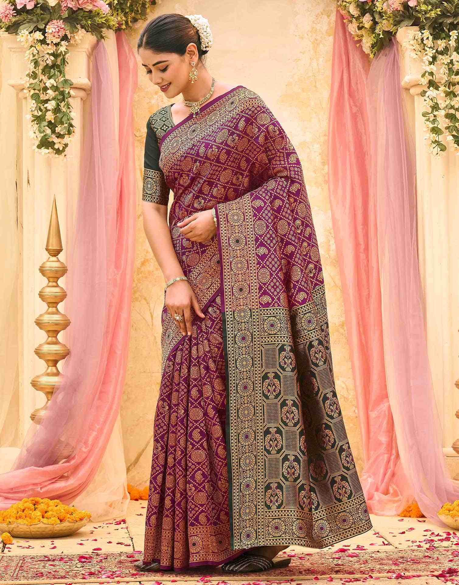 Purple Silk Woven Banarasi Saree - Image 4