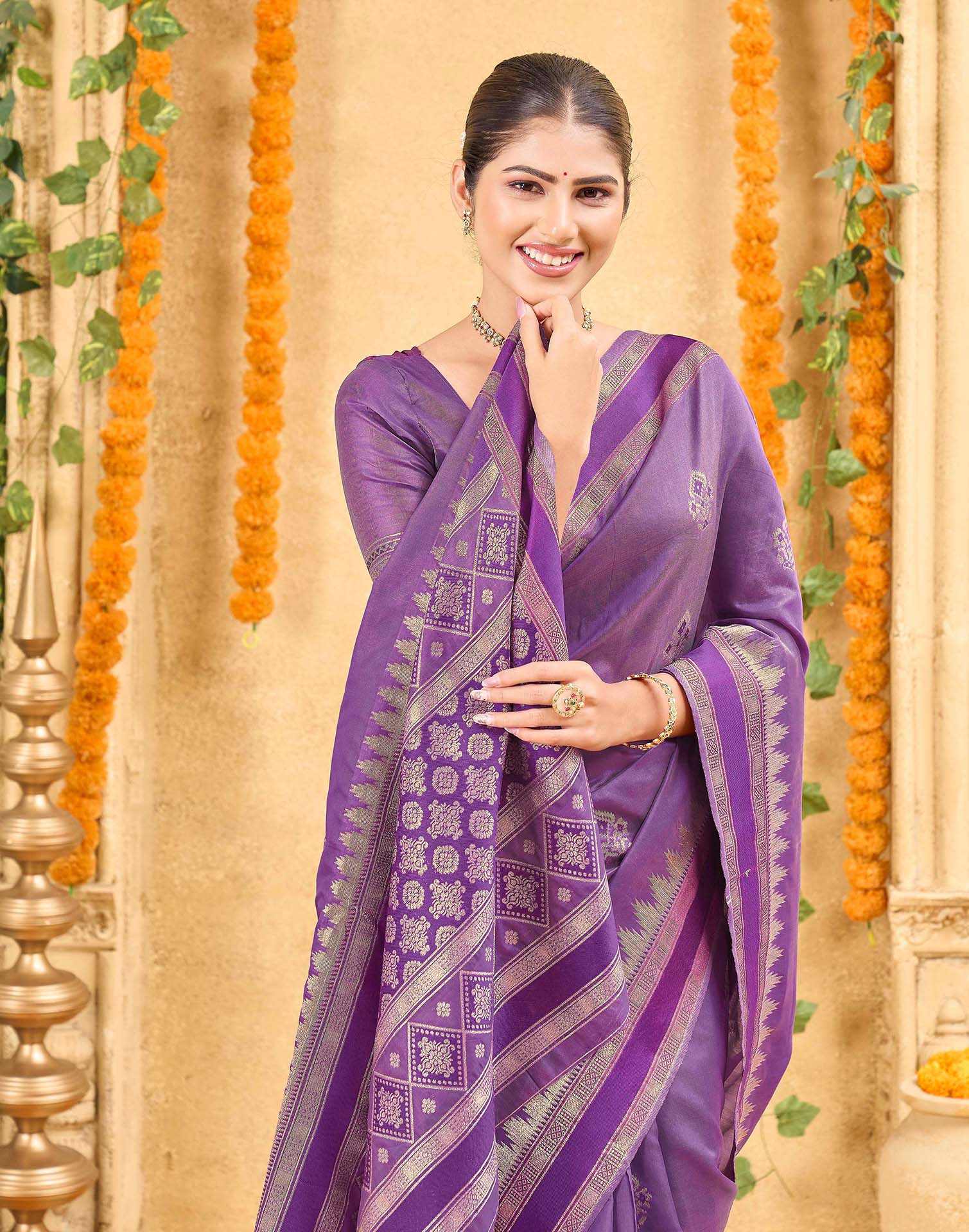 Purple Silk Woven Banarasi Saree - Image 2