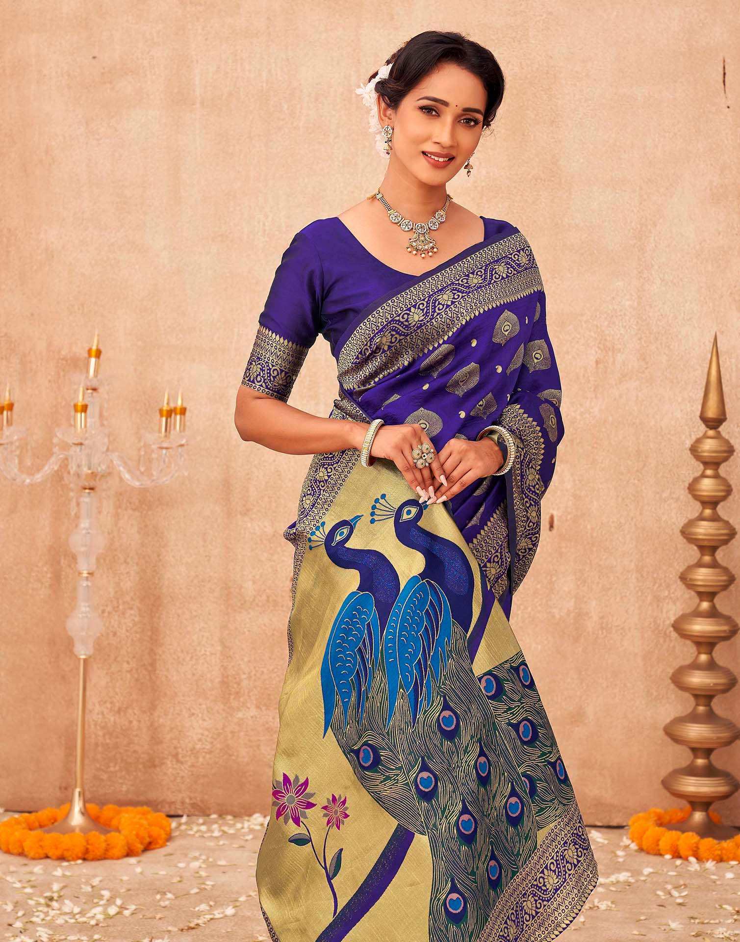 Purple Silk Woven Banarasi Saree - Image 2