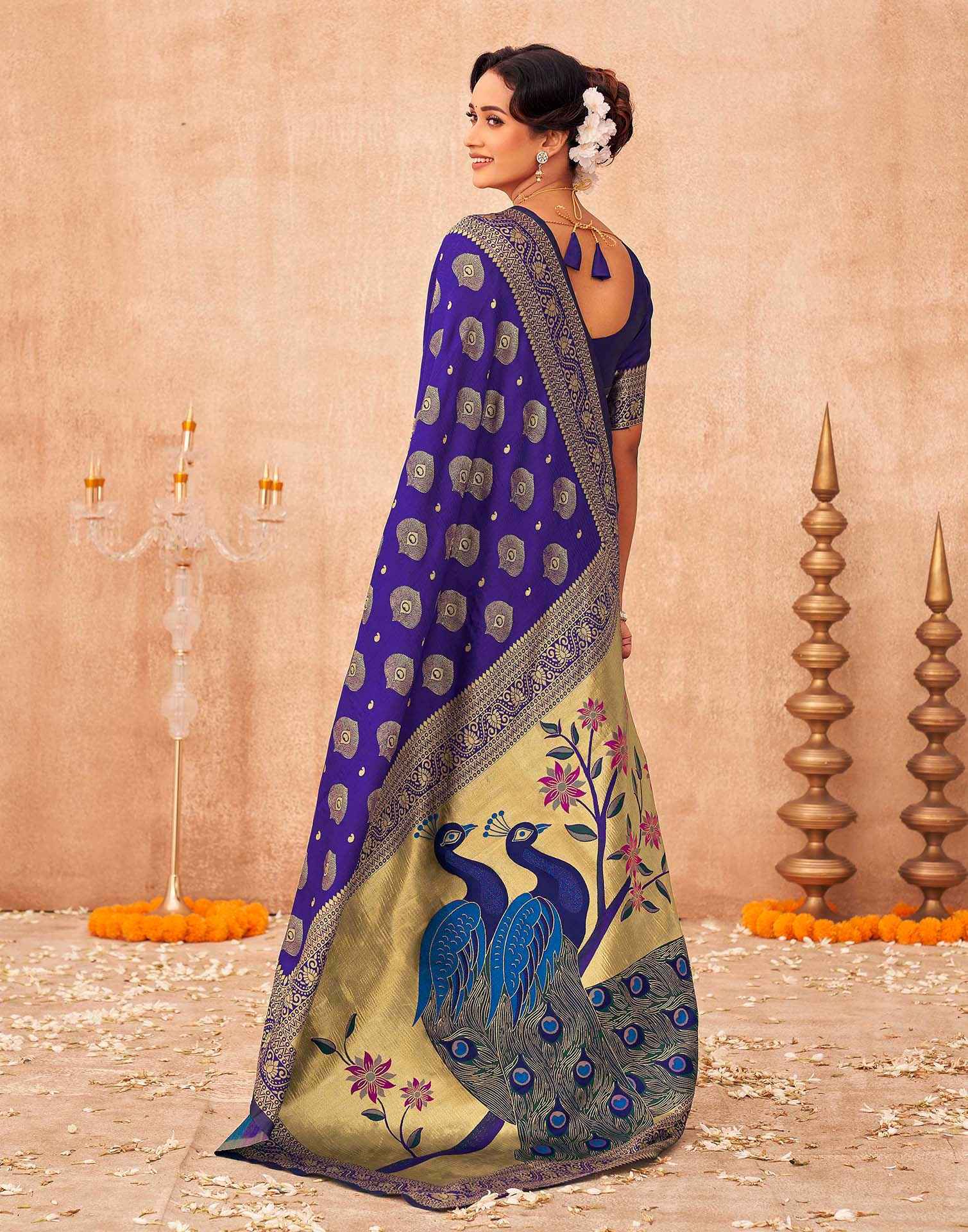 Purple Silk Woven Banarasi Saree - Image 6