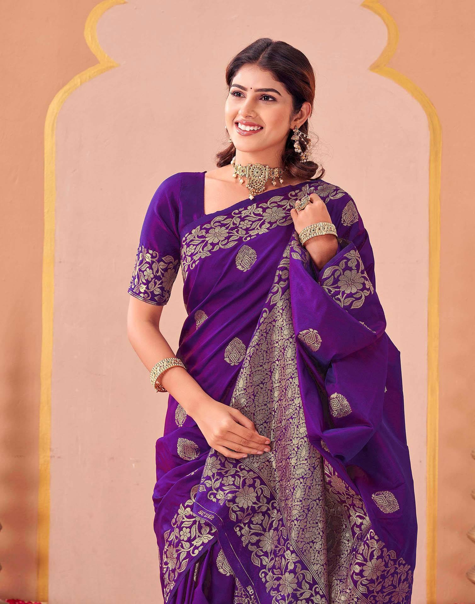 Purple Silk Woven Banarasi Saree - Image 2