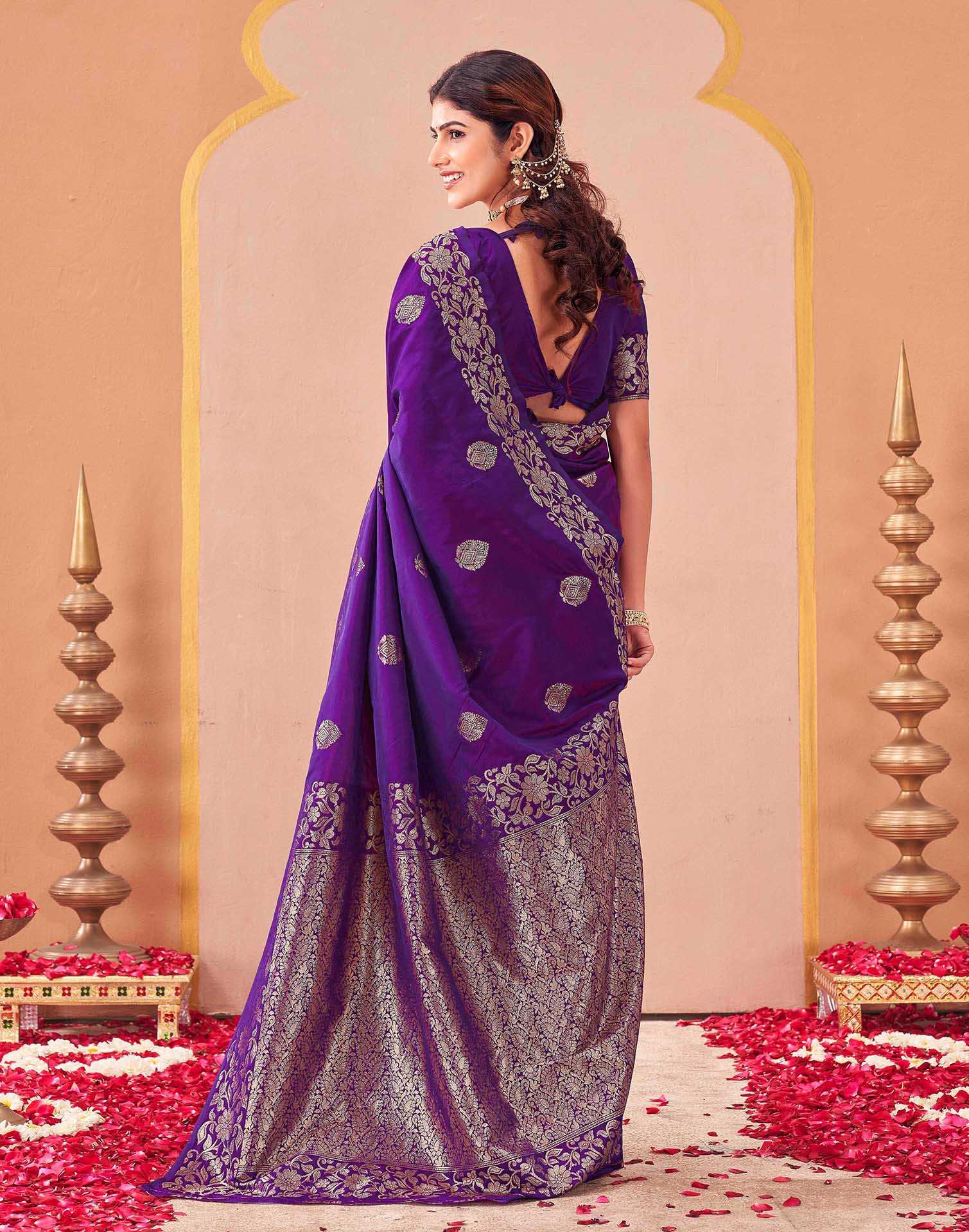 Purple Silk Woven Banarasi Saree - Image 6