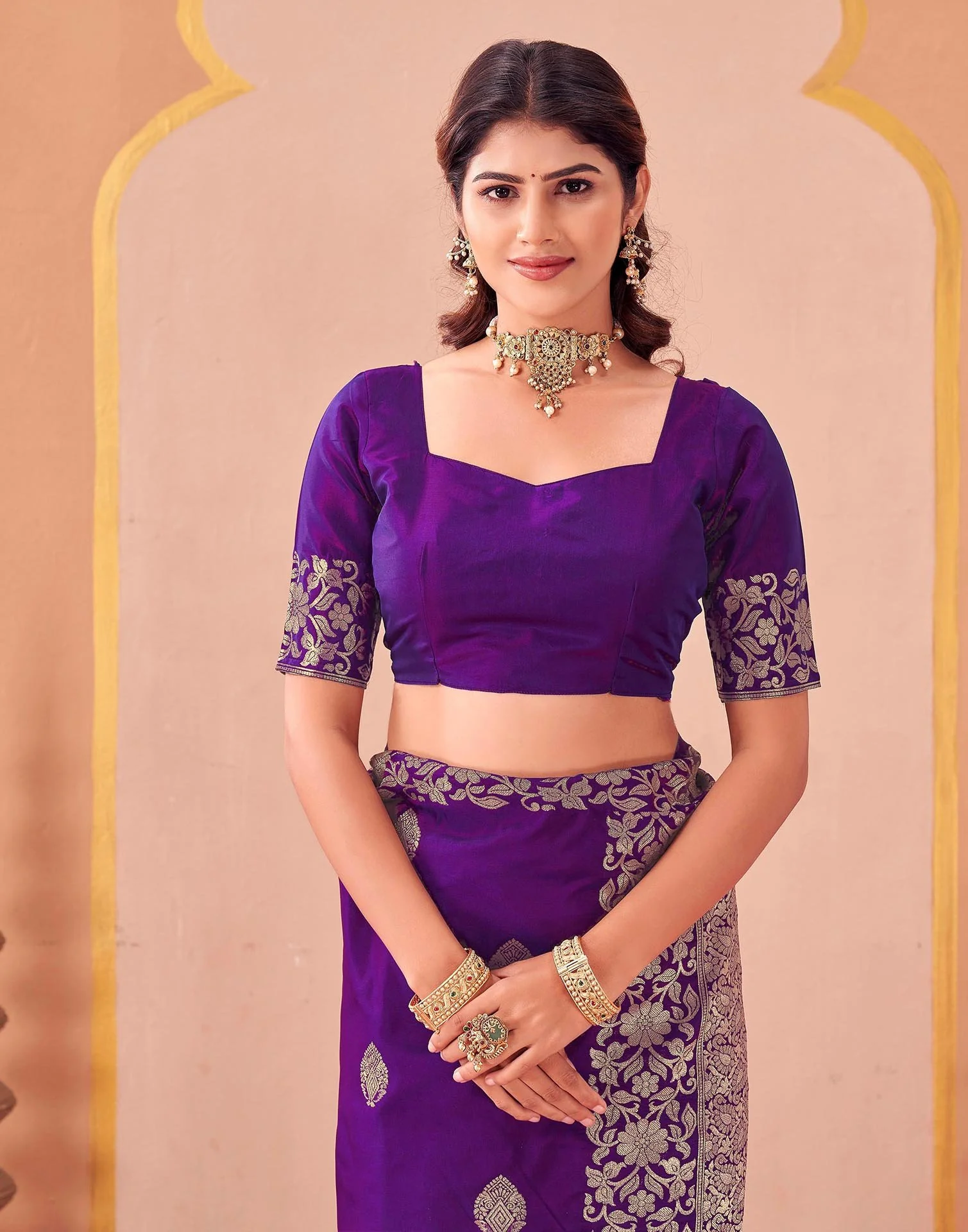 Purple Silk Woven Banarasi Saree - Image 7