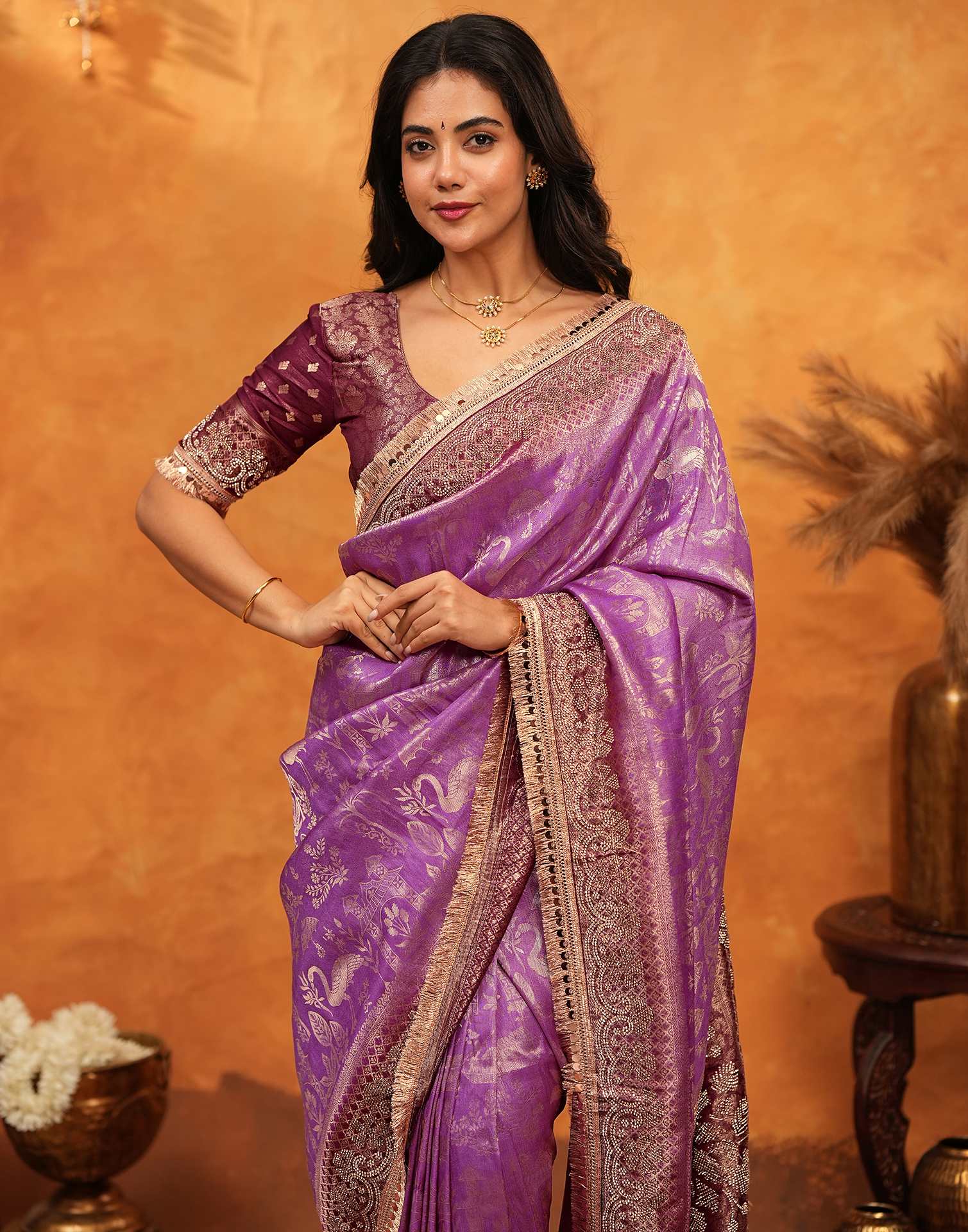 Purple Silk Woven Banarasi Saree - Image 2