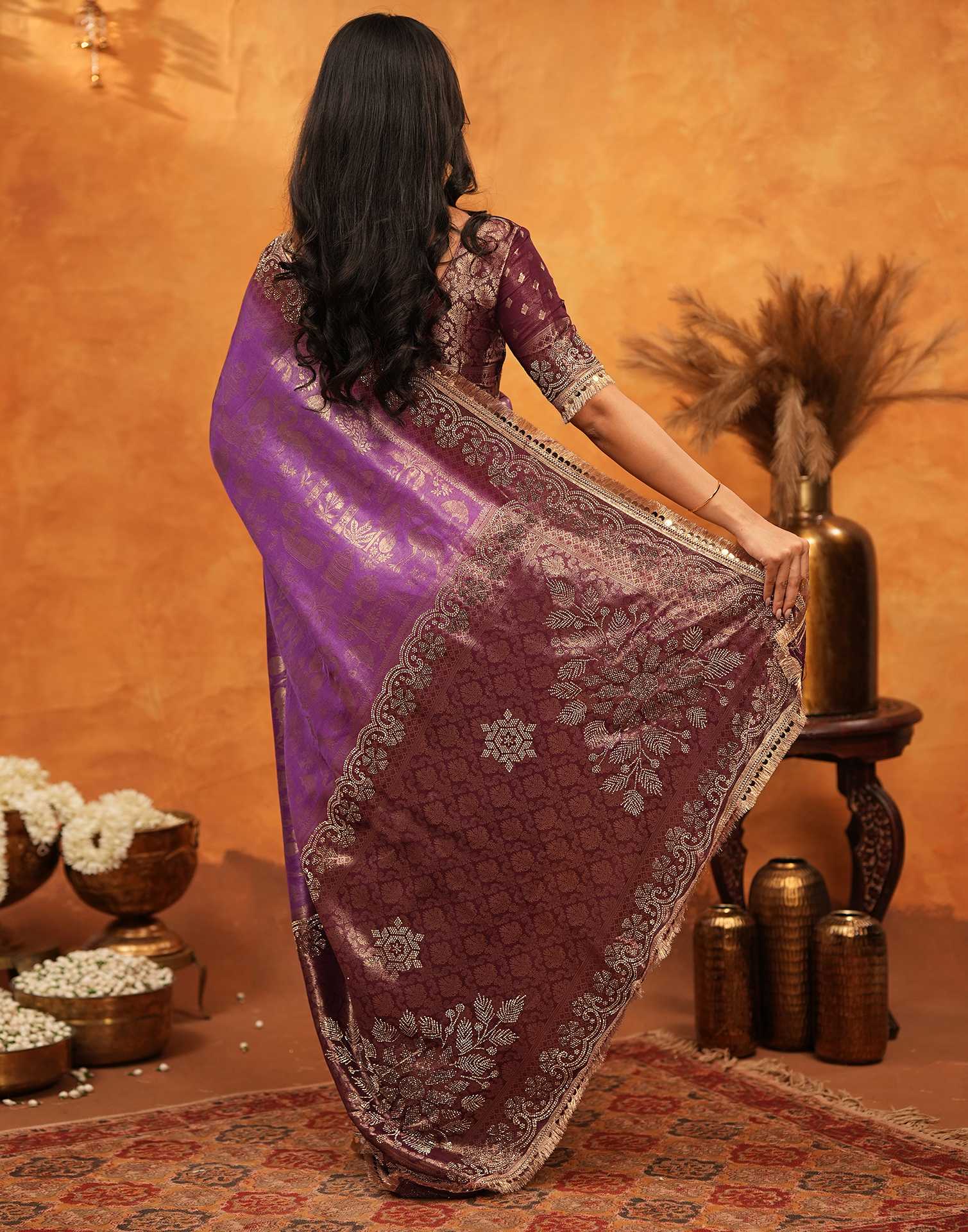 Purple Silk Woven Banarasi Saree - Image 7
