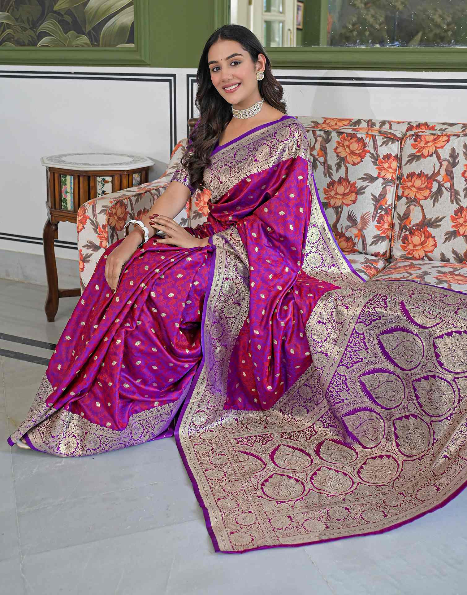 Purple Silk Woven Banarasi Saree - Image 10