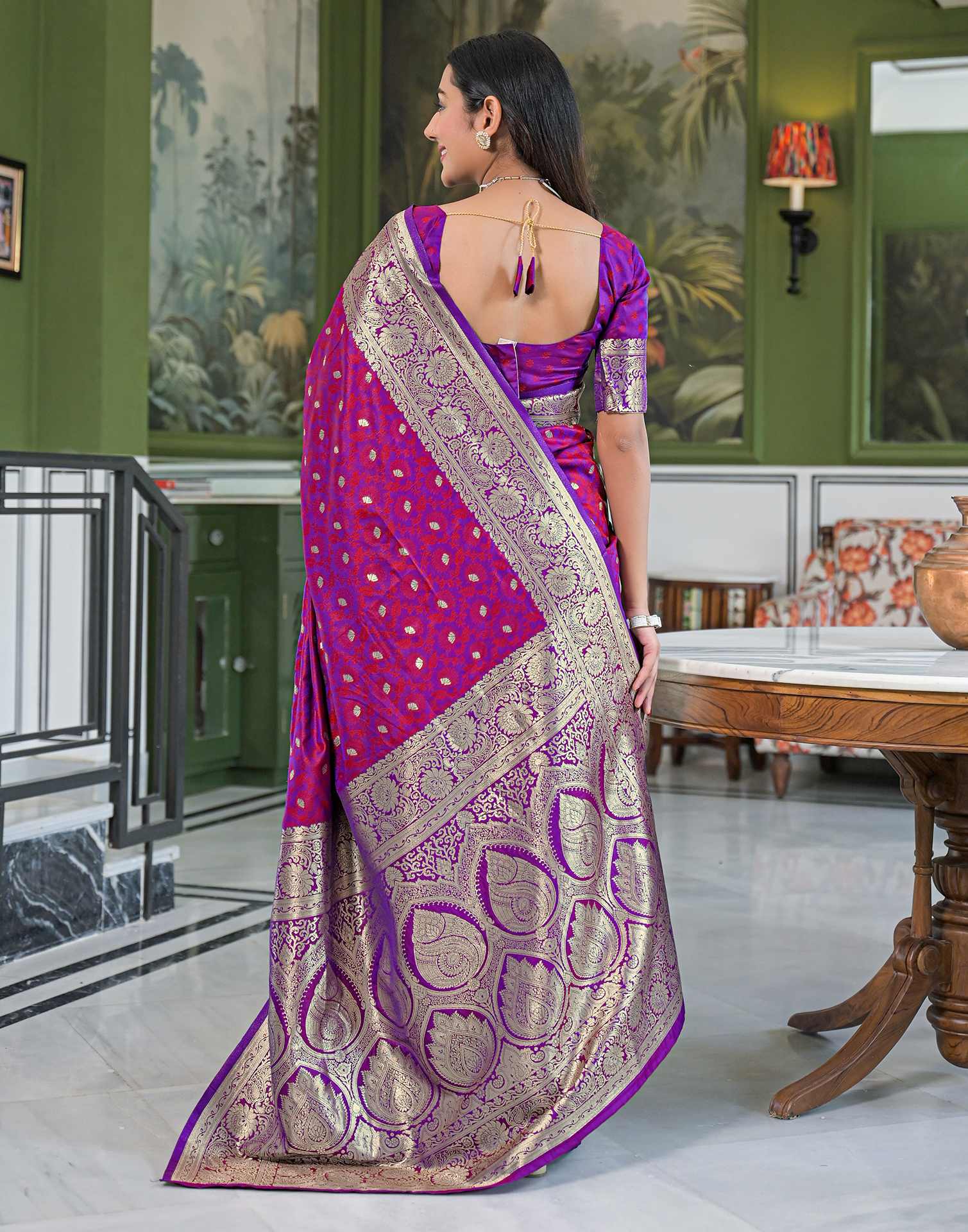 Purple Silk Woven Banarasi Saree - Image 7