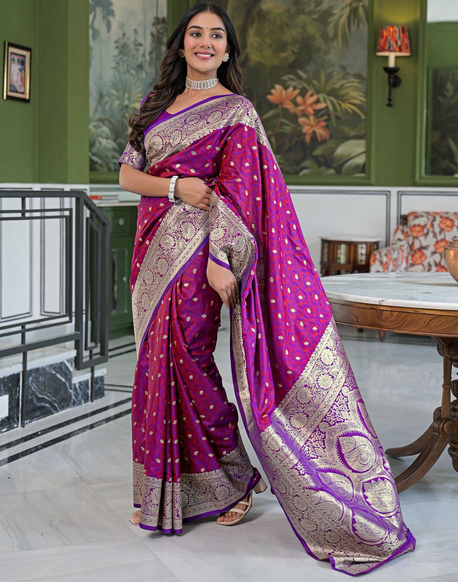 Purple Silk Woven Banarasi Saree - Image 8