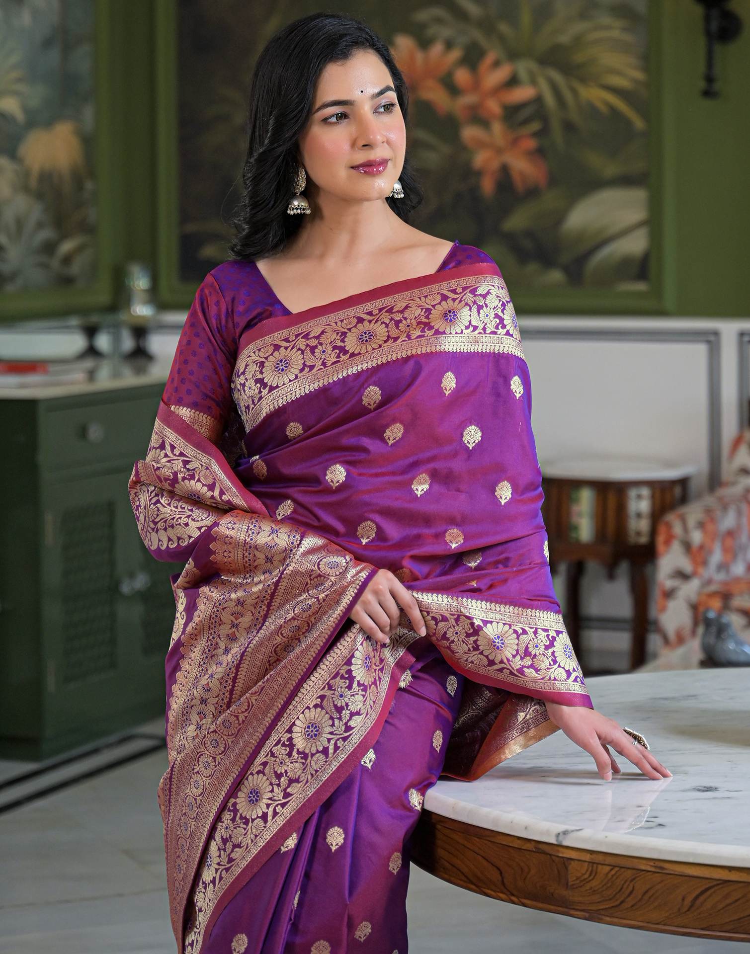 Purple Silk Woven Banarasi Saree - Image 10