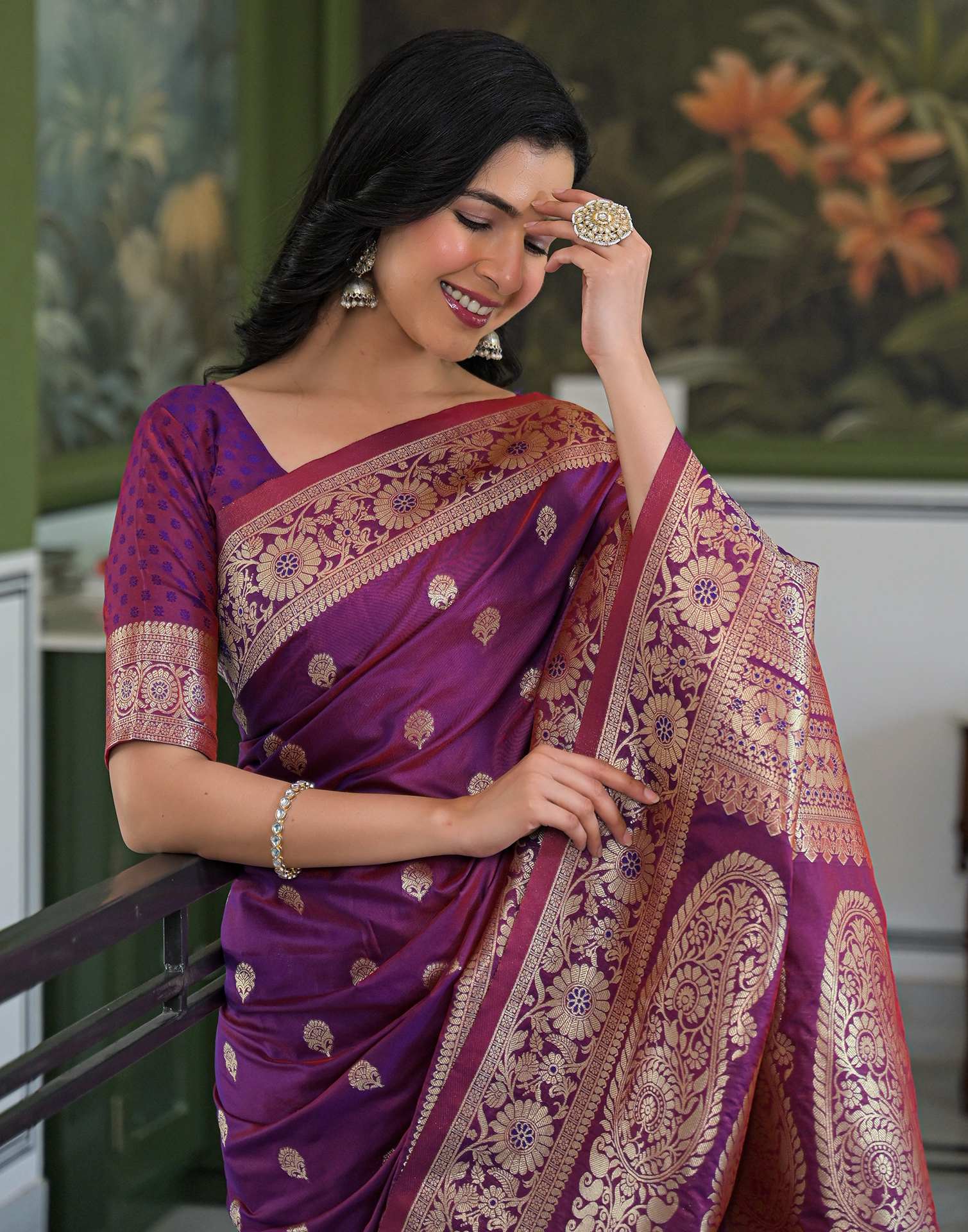 Purple Silk Woven Banarasi Saree - Image 4