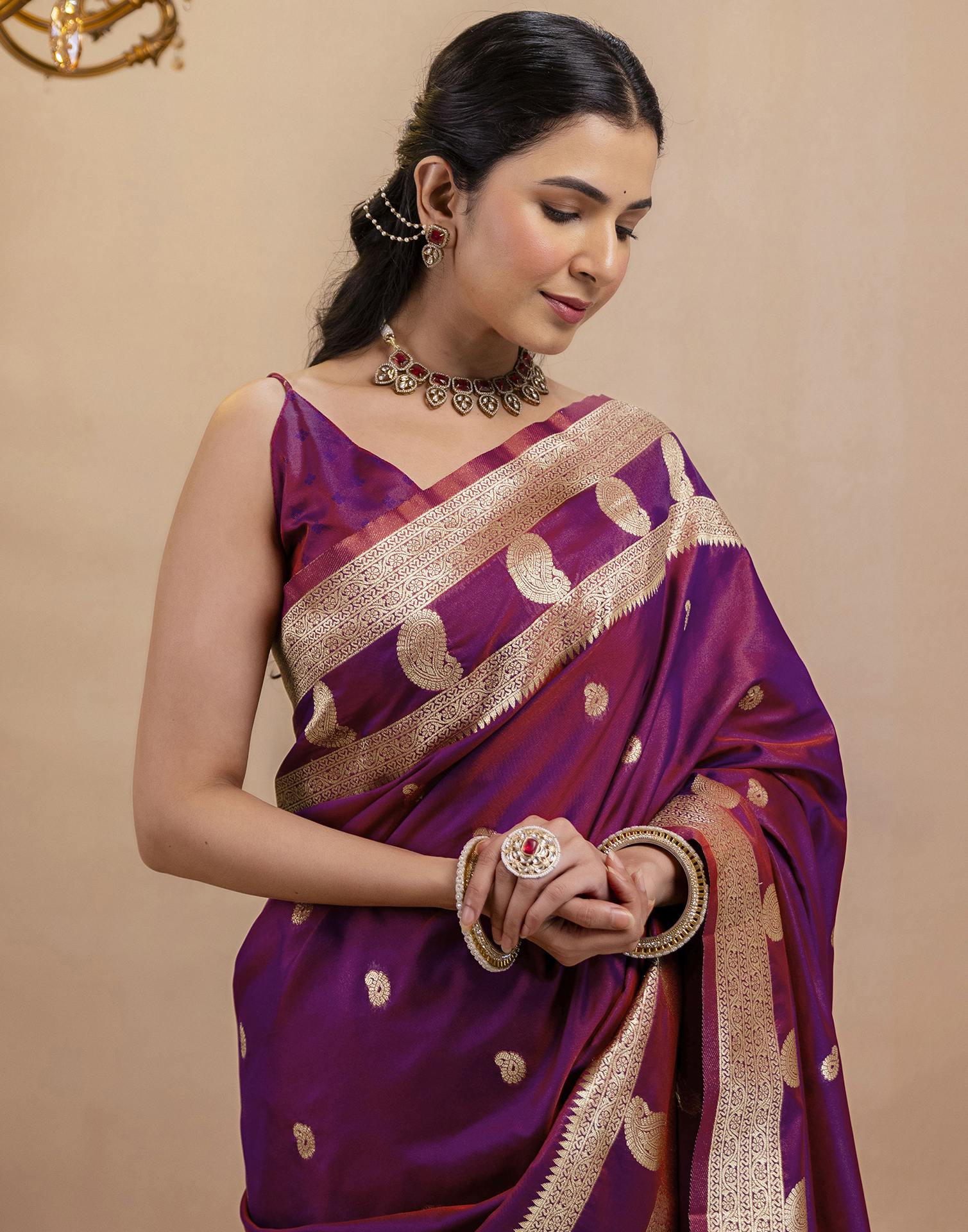 Purple Silk Woven Banarasi Saree - Image 2