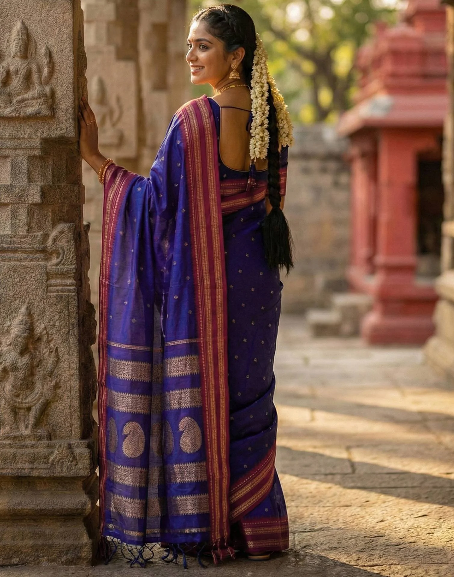 Purple Silk Woven Kanjivaram Saree - Image 4