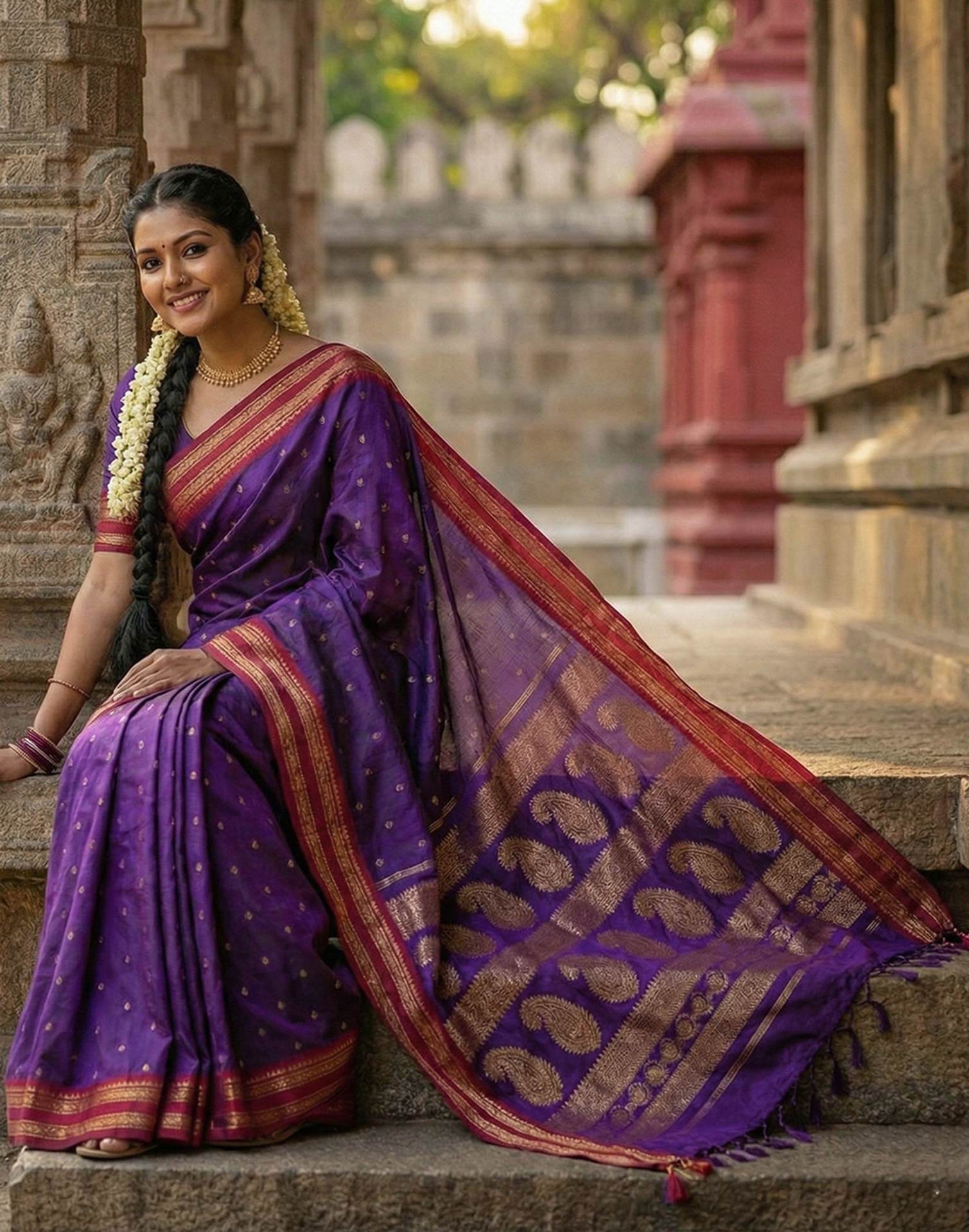 Purple Silk Woven Kanjivaram Saree - Image 2