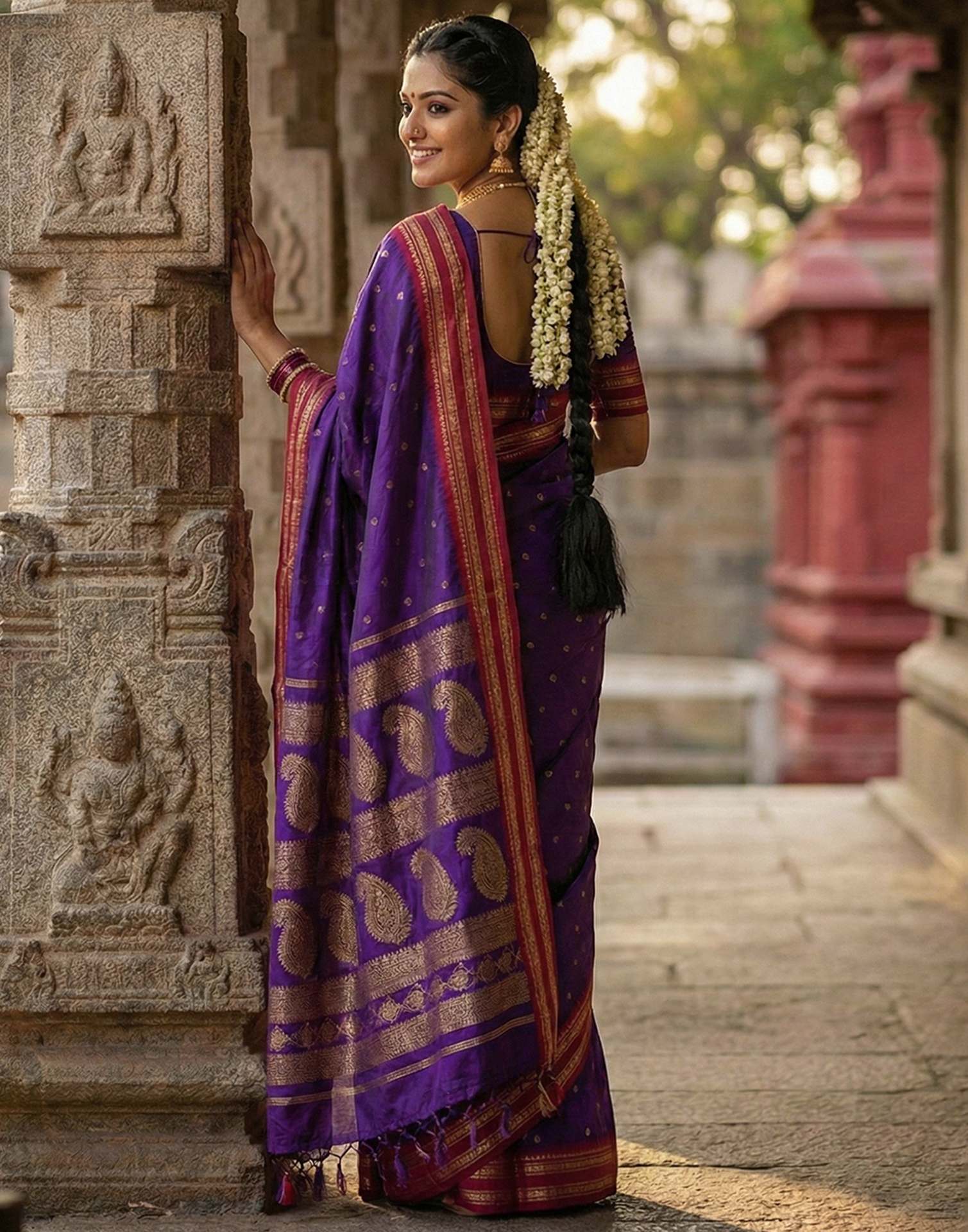 Purple Silk Woven Kanjivaram Saree - Image 4