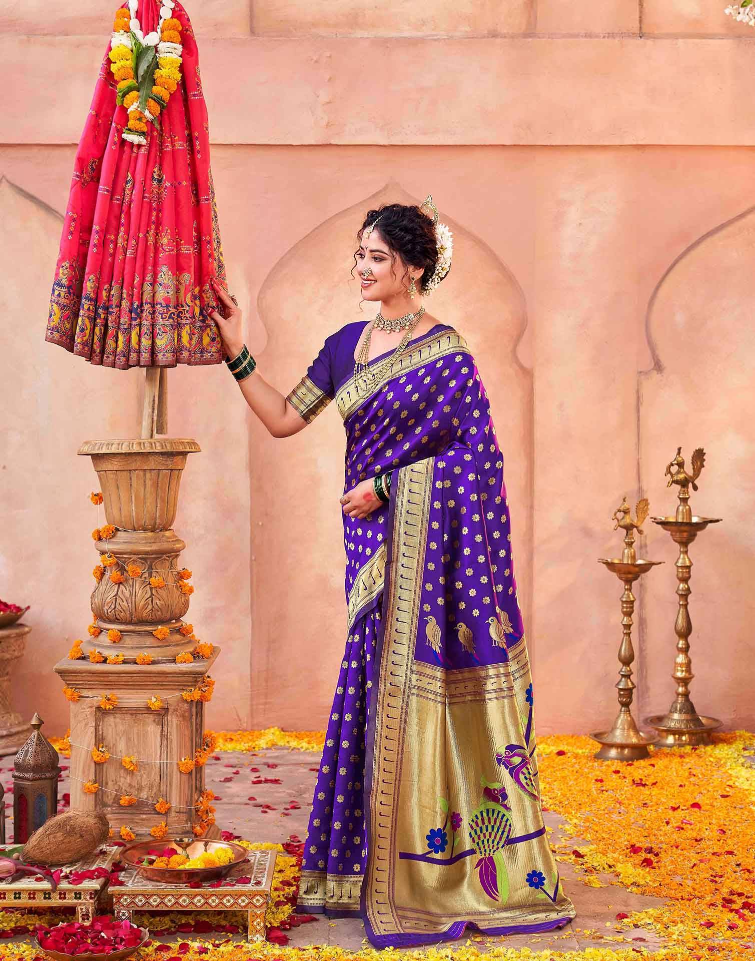 Purple Silk Woven Paithani Saree - Image 5