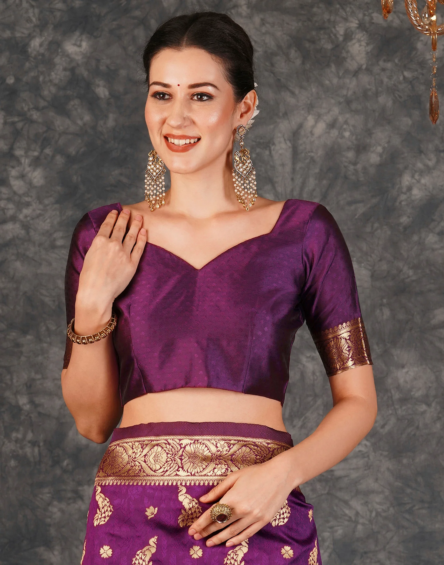 Dark Purple Silk Woven Banarasi Saree - Image 6