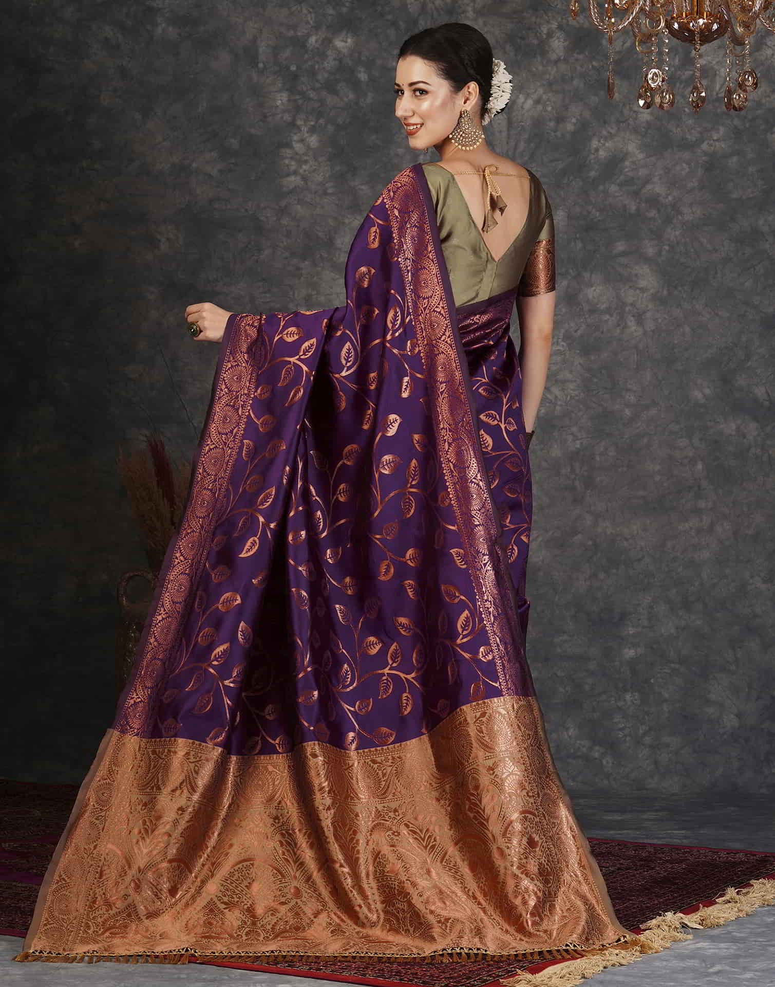 Dark Purple Silk Woven Banarasi Saree - Image 4