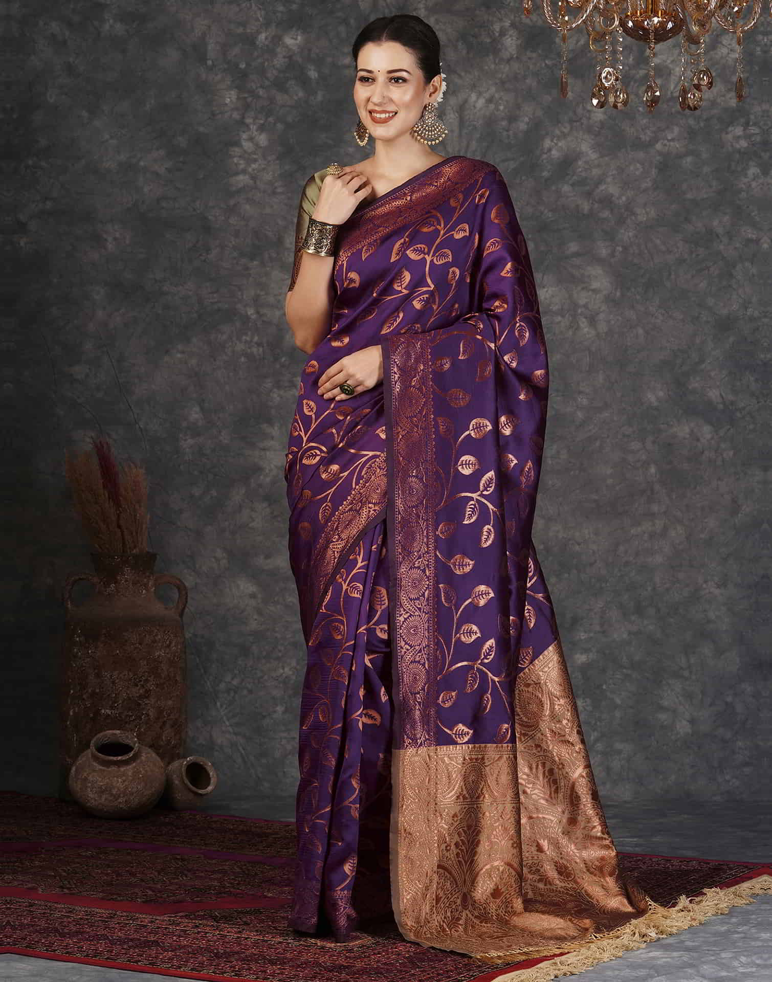 Dark Purple Silk Woven Banarasi Saree - Image 5