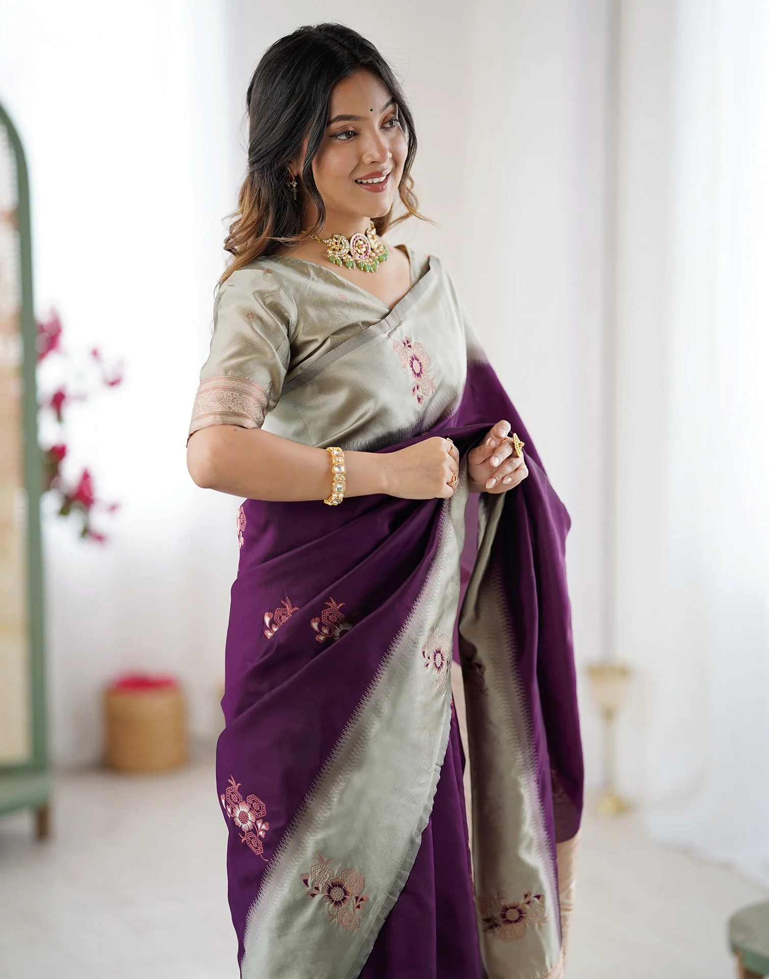 Purple Silk Woven Saree - Image 4