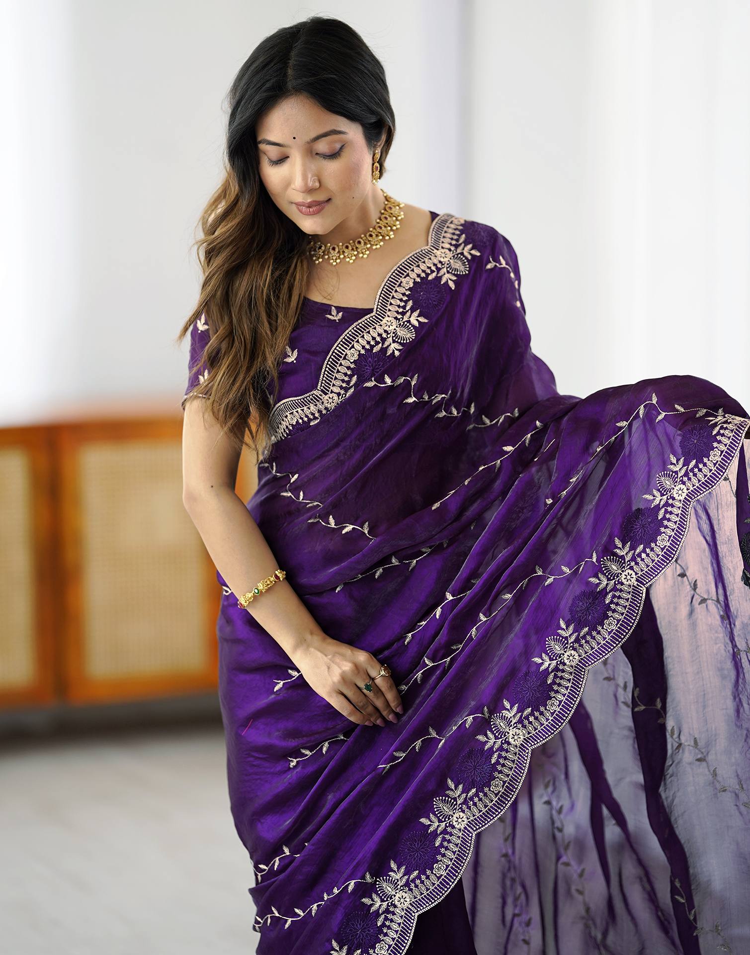 Purple Tissue Silk Embroidery Saree - Image 2