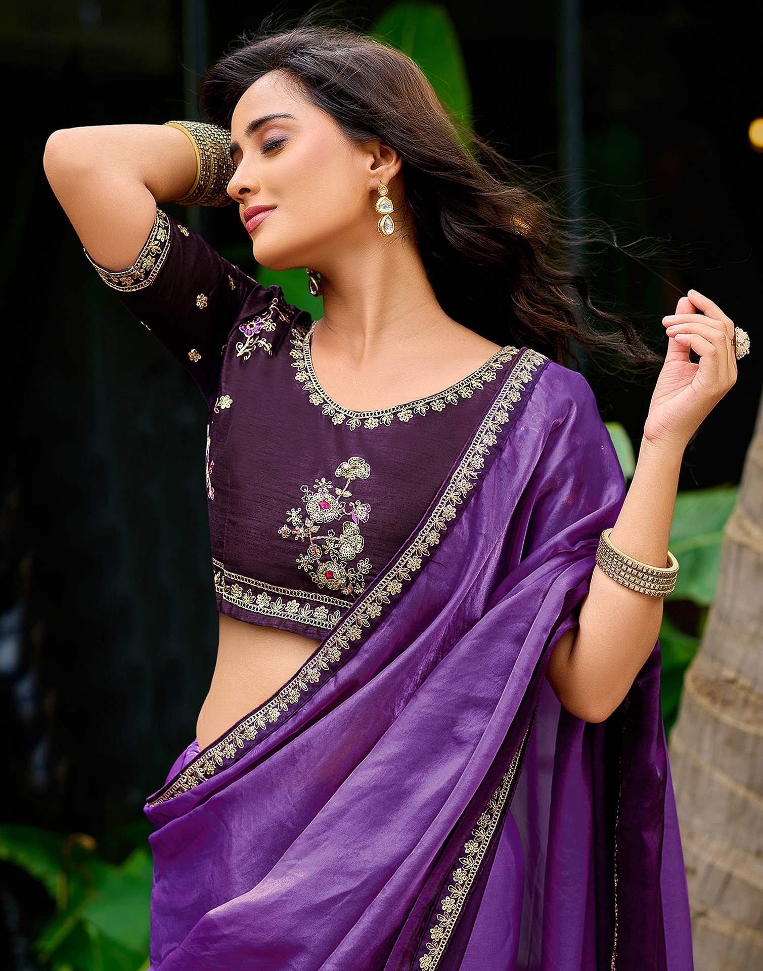 Purple Tissue Silk Lace Saree - Image 2