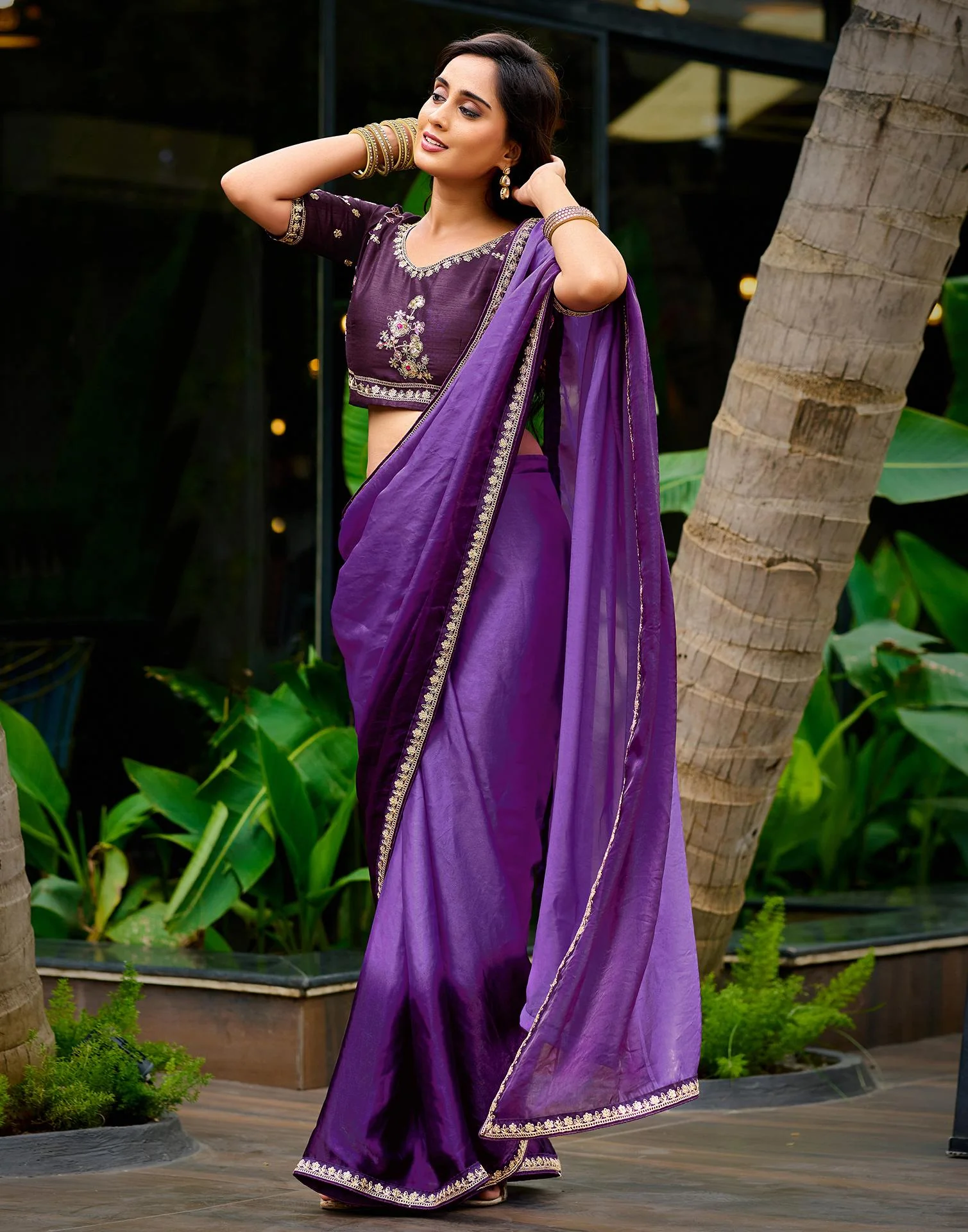 Purple Tissue Silk Lace Saree - Image 6