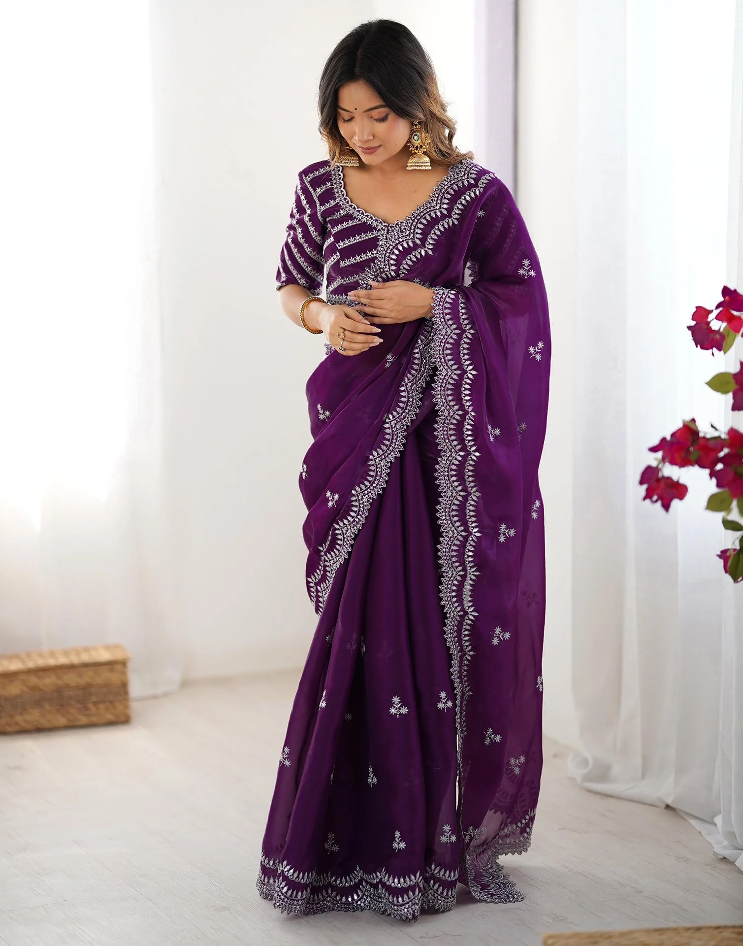 Purple Tissue Silk Sequence Embroidery Saree - Image 5