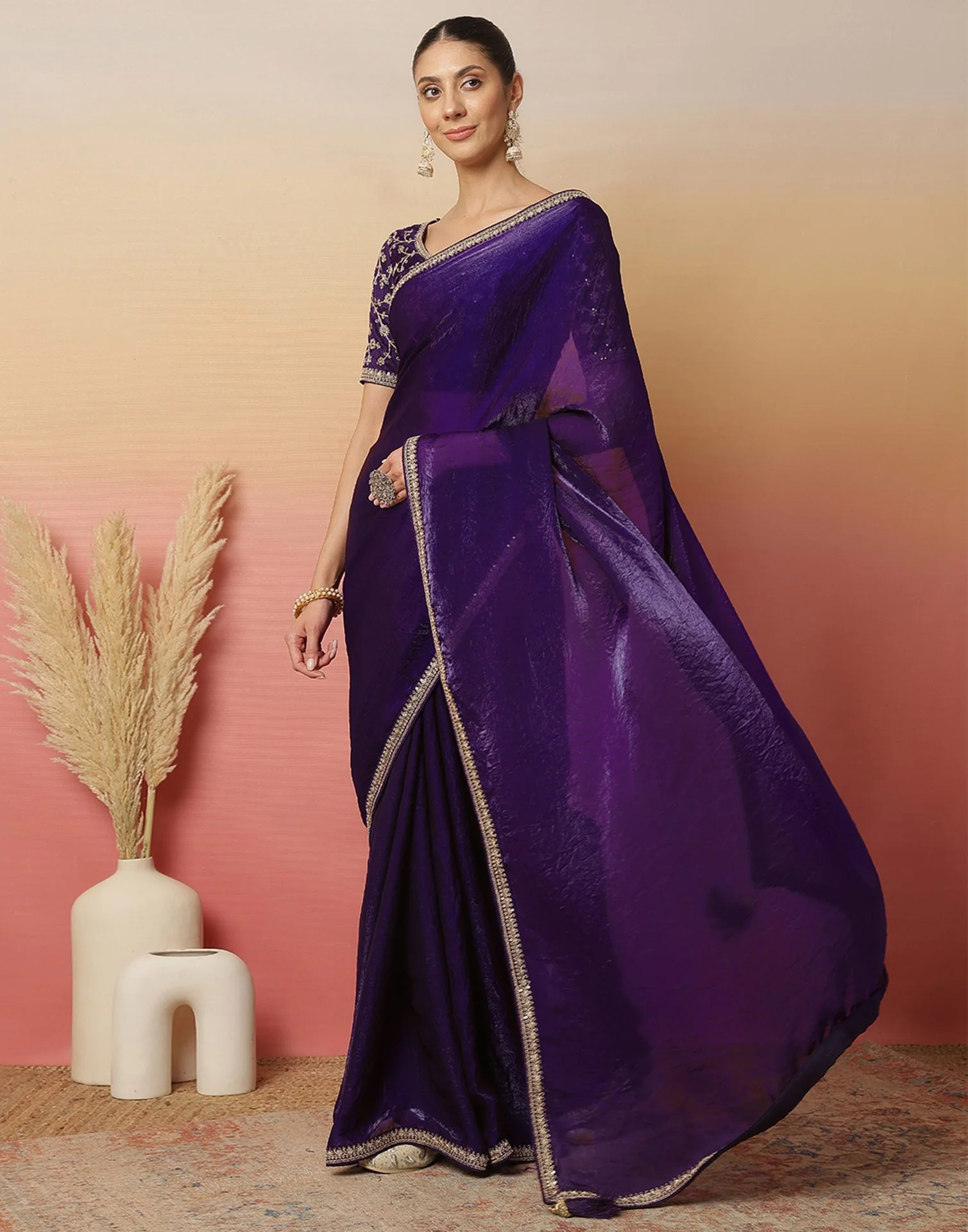 Purple Tissue Silk Sequence Lace Saree - Image 5
