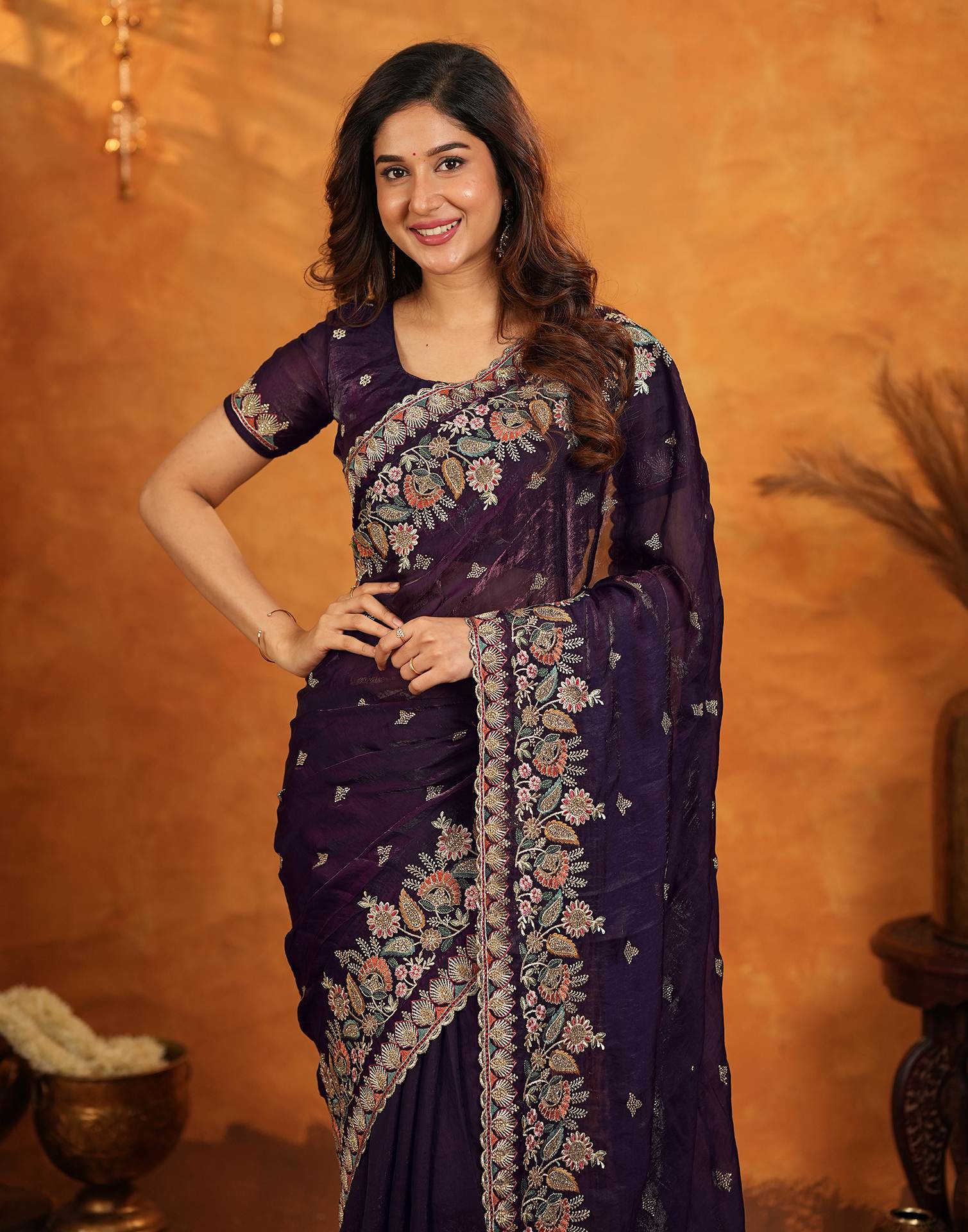 Purple Tissue Silk Stone Work Embroidery Saree - Image 10