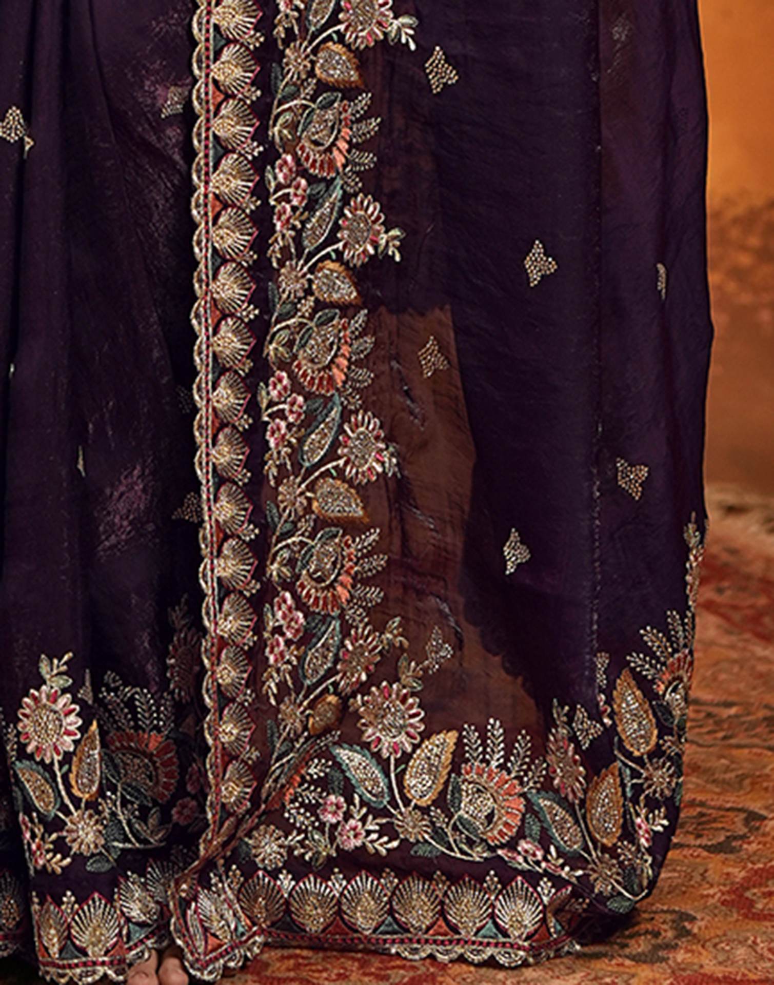 Purple Tissue Silk Stone Work Embroidery Saree - Image 2