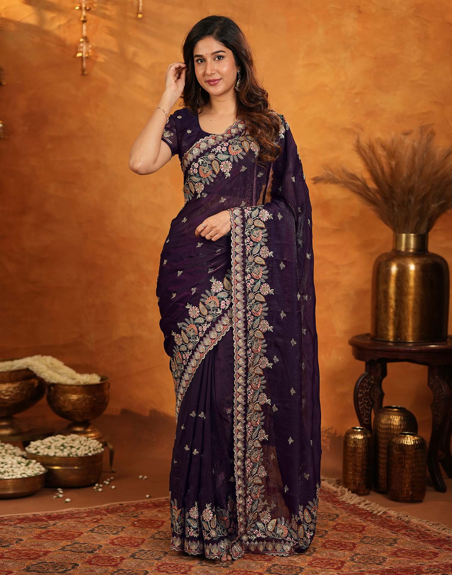 Purple Tissue Silk Stone Work Embroidery Saree - Image 6
