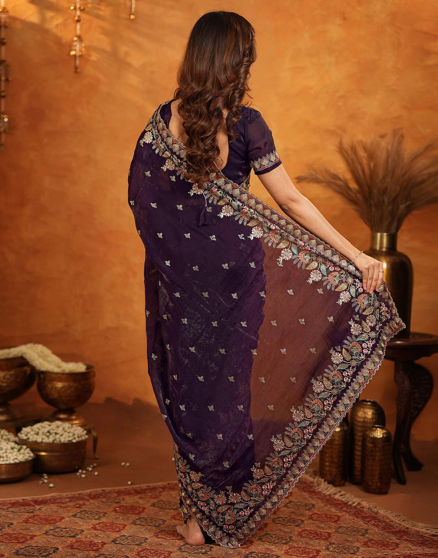 Purple Tissue Silk Stone Work Embroidery Saree - Image 7