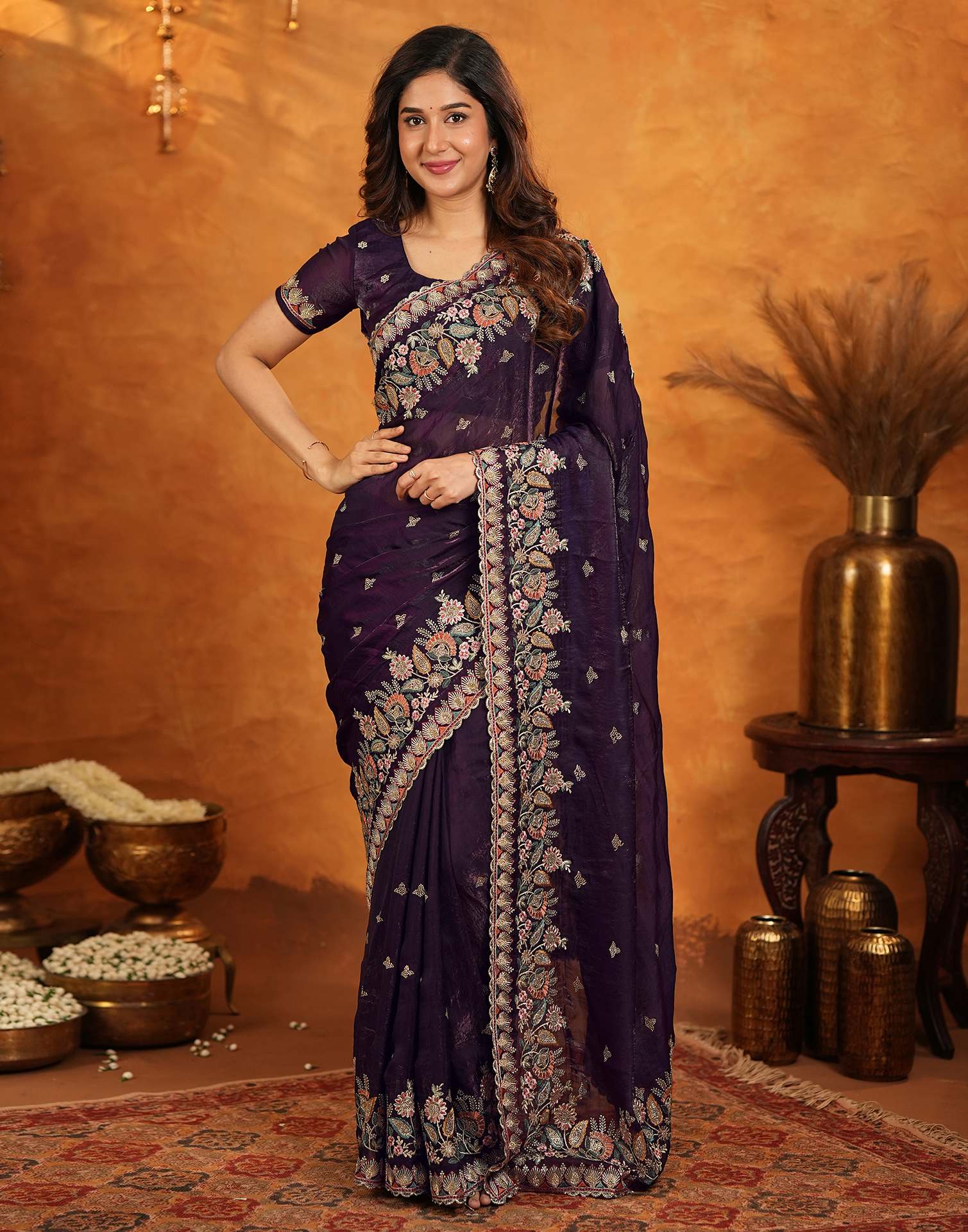 Purple Tissue Silk Stone Work Embroidery Saree - Image 8