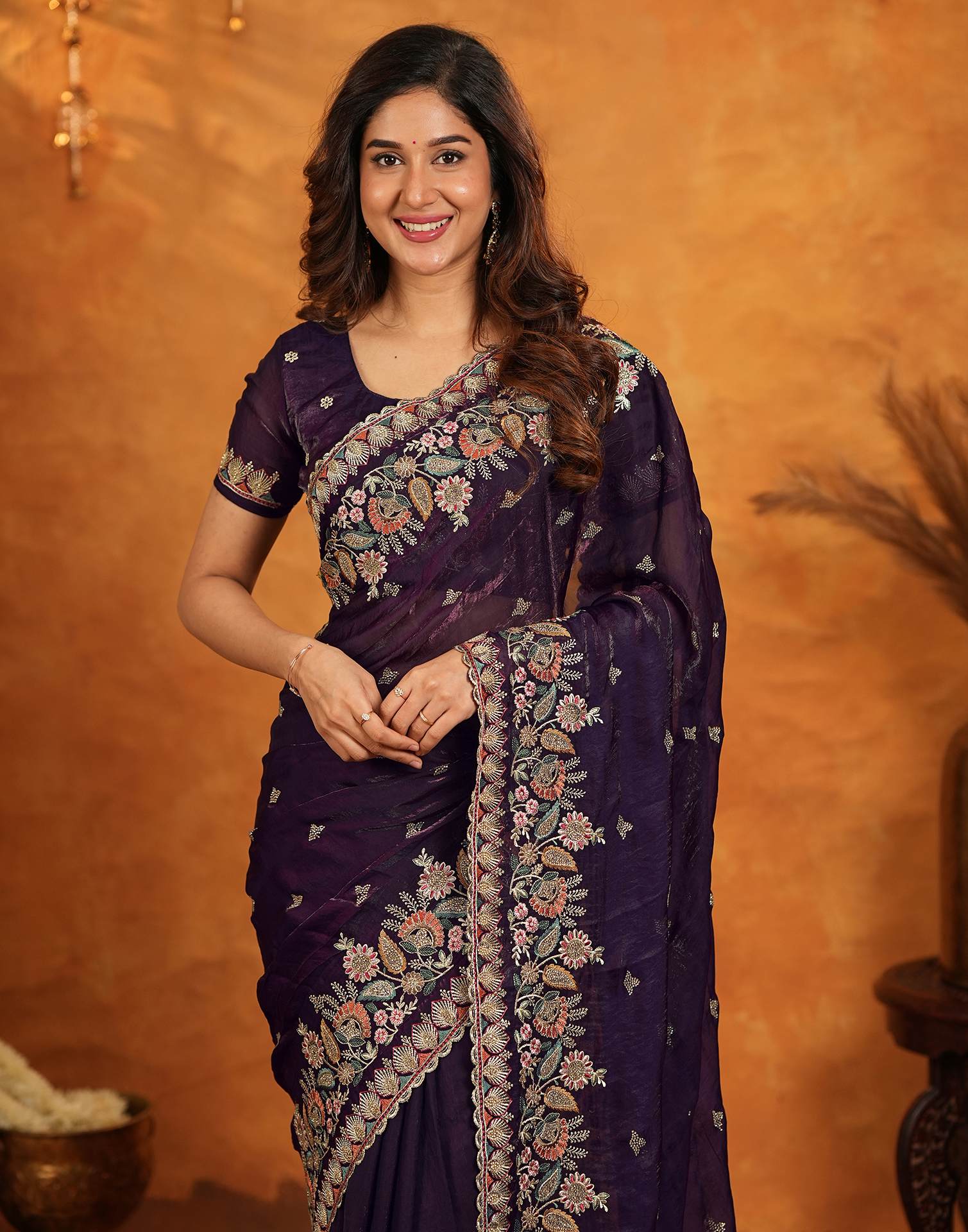 Purple Tissue Silk Stone Work Embroidery Saree - Image 9