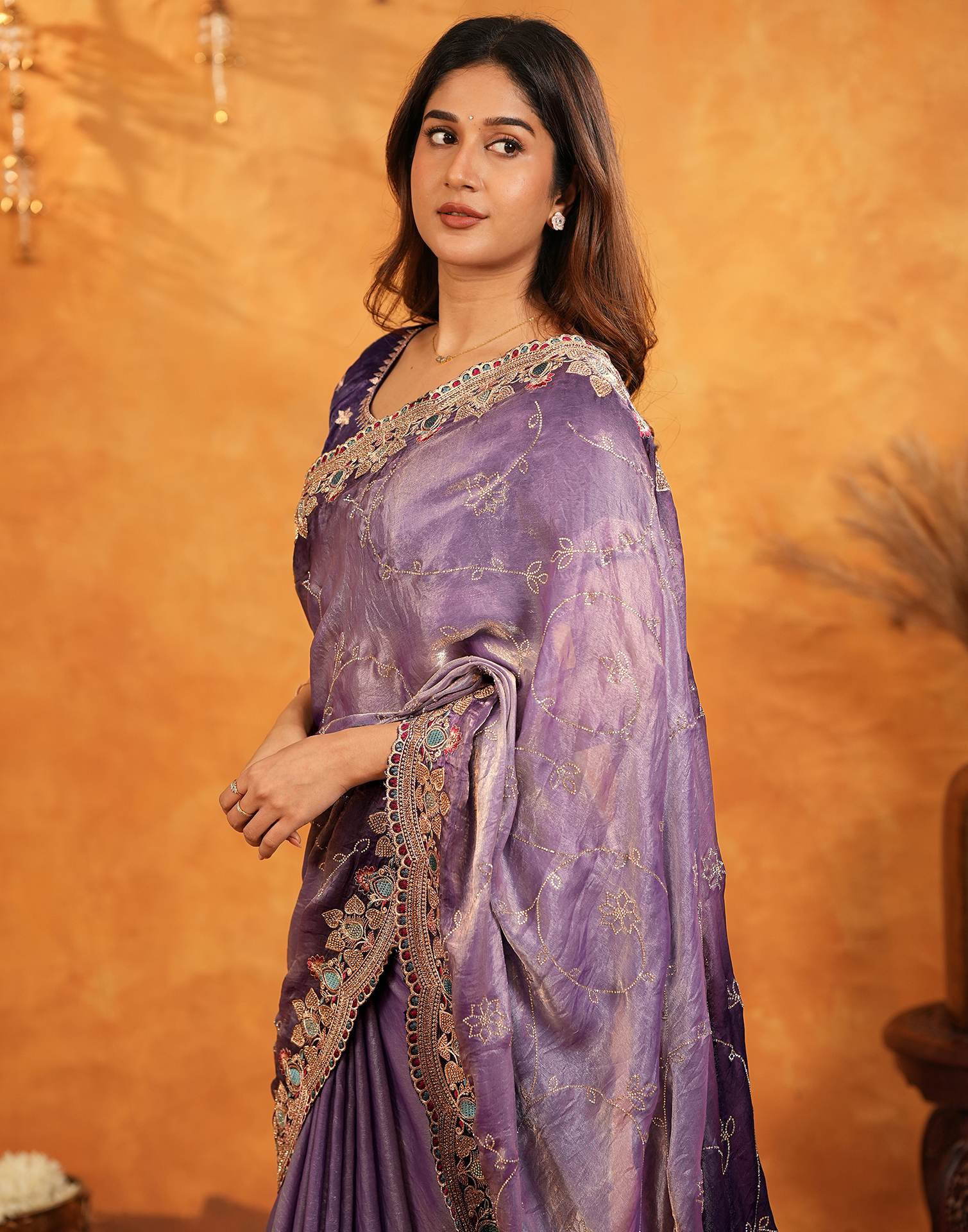 Purple Tissue Silk Stone Work Embroidery Saree - Image 11