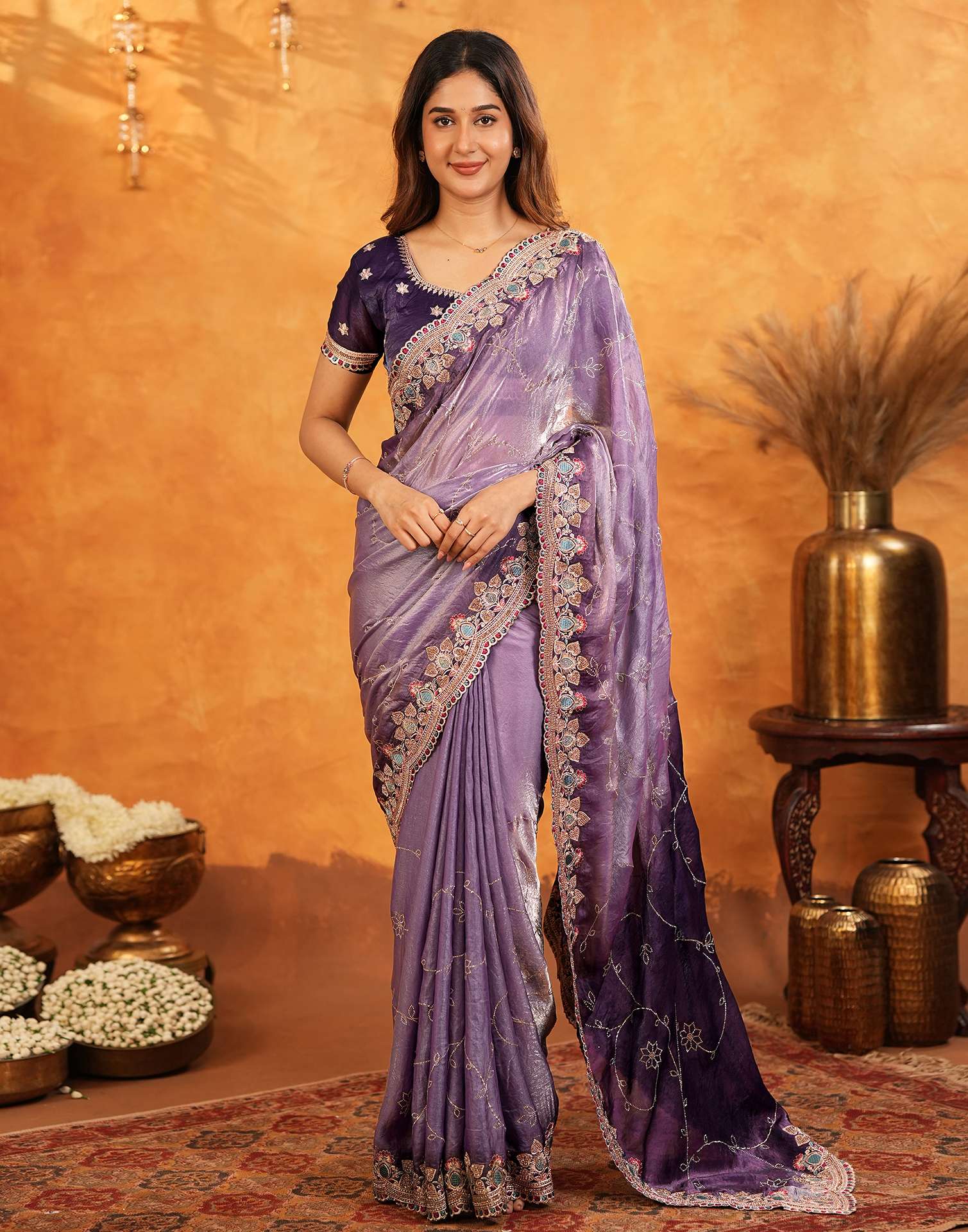 Purple Tissue Silk Stone Work Embroidery Saree - Image 2
